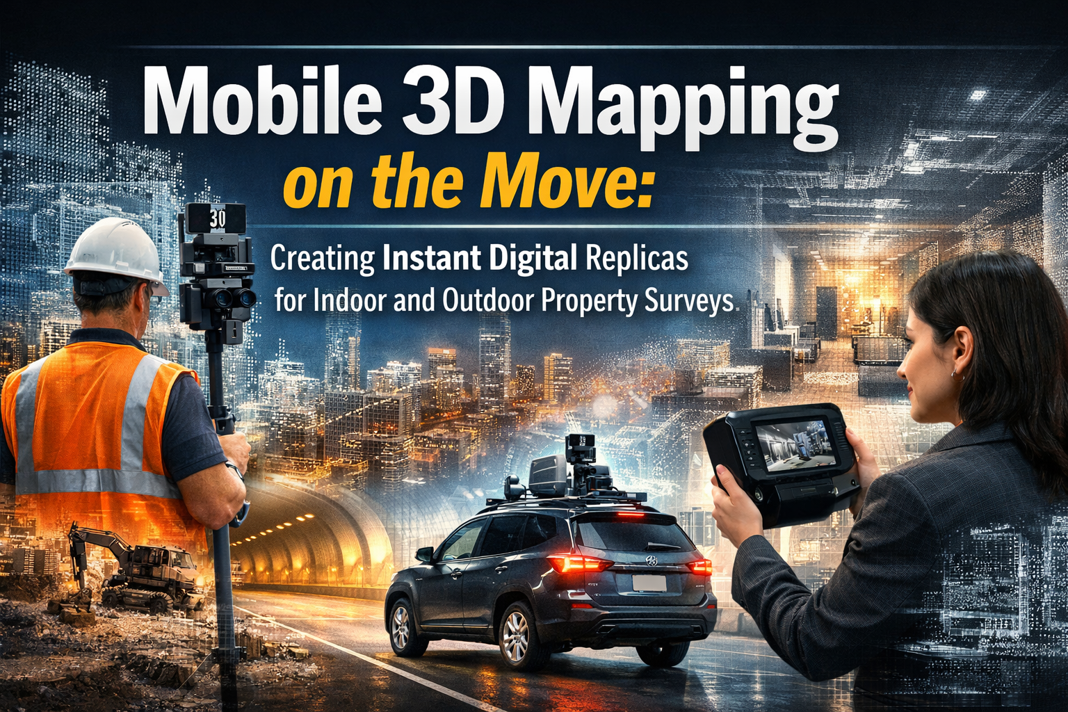 Professional landscape hero image (1536x1024) with bold text overlay: "Mobile 3D Mapping on the Move: Creating Instant Digital Replicas for 