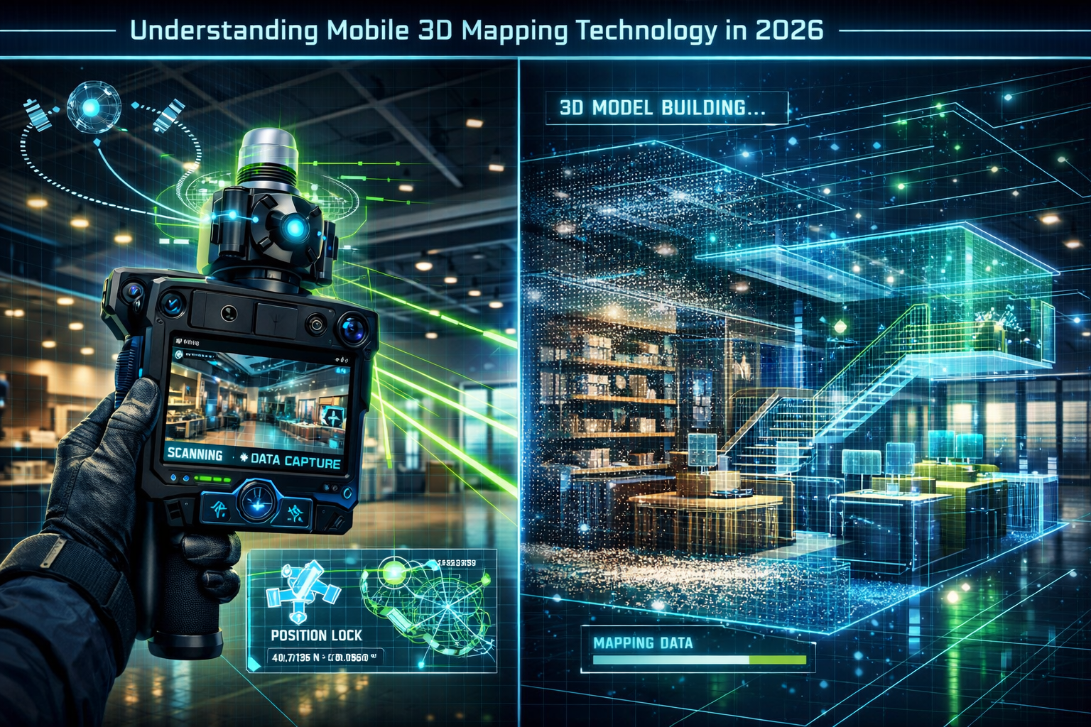 Futuristic split-screen visualization for Understanding Mobile 3D Mapping Technology in 2026 section: Left side showing handheld mobile mapp