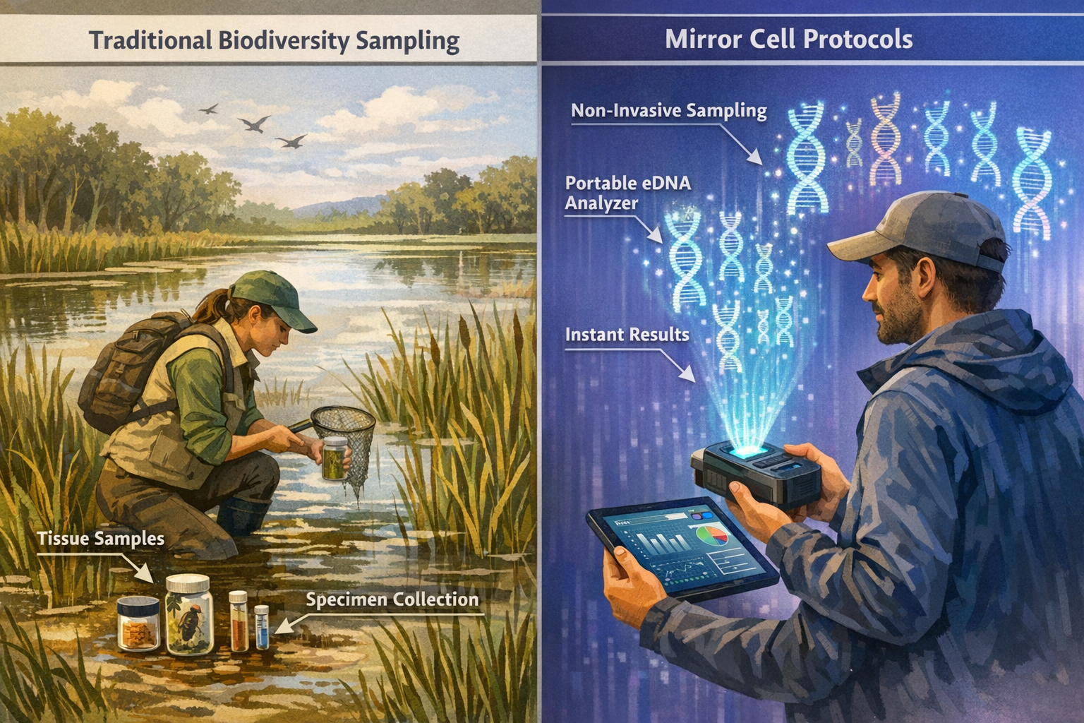 Detailed landscape format (1536x1024) illustration showing comparison between traditional biodiversity sampling methods and mirror cell prot