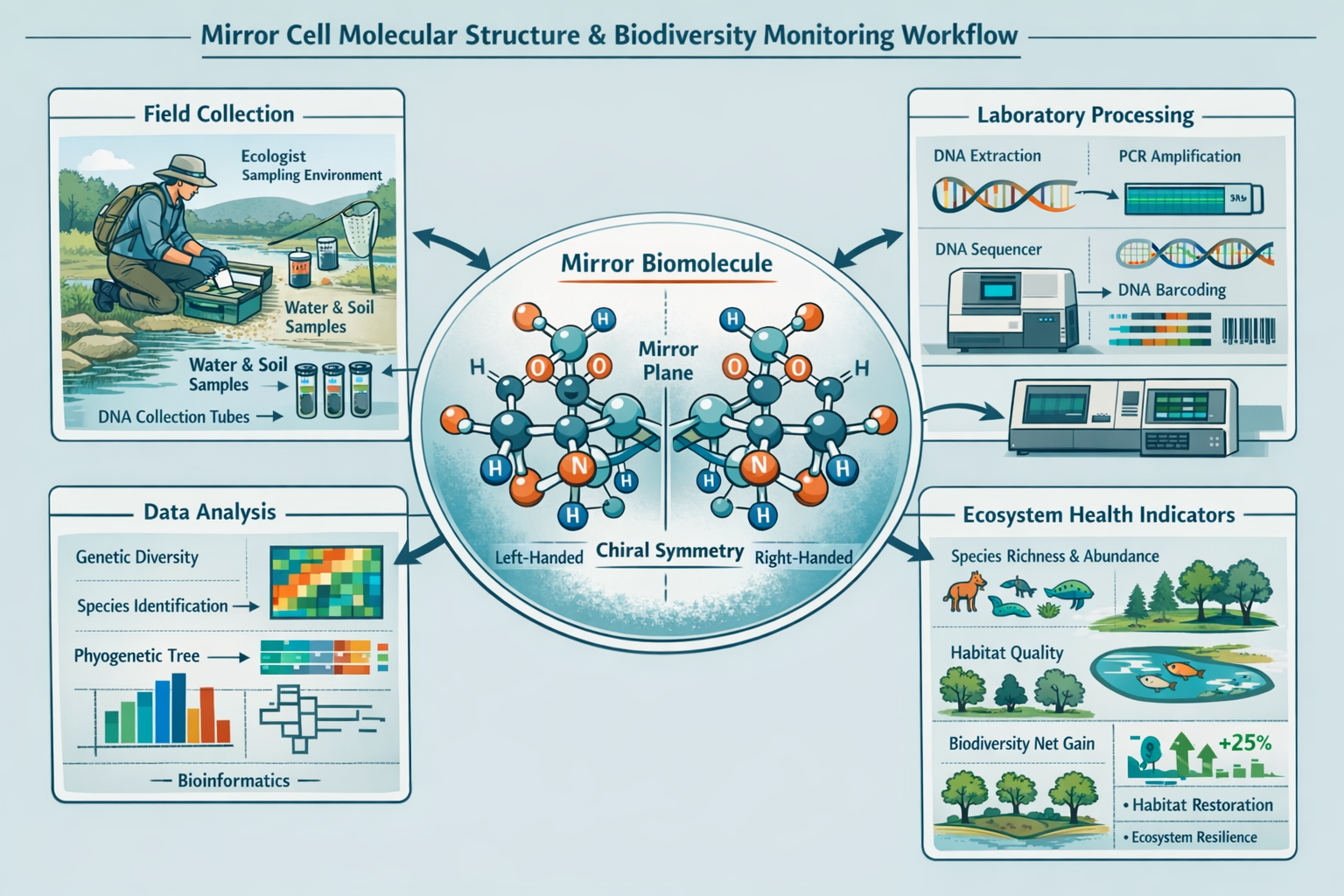 Detailed landscape format (1536x1024) technical diagram illustrating mirror cell molecular structure and biodiversity monitoring workflow. C