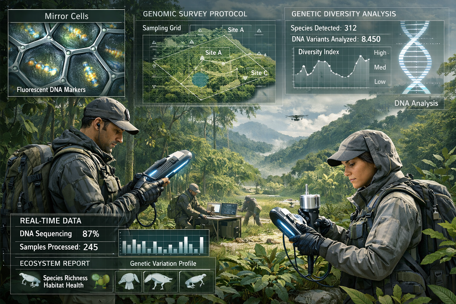 A sophisticated scientific illustration depicting field ecologists using advanced mirror cell sampling technology in a lush biodiversity hot