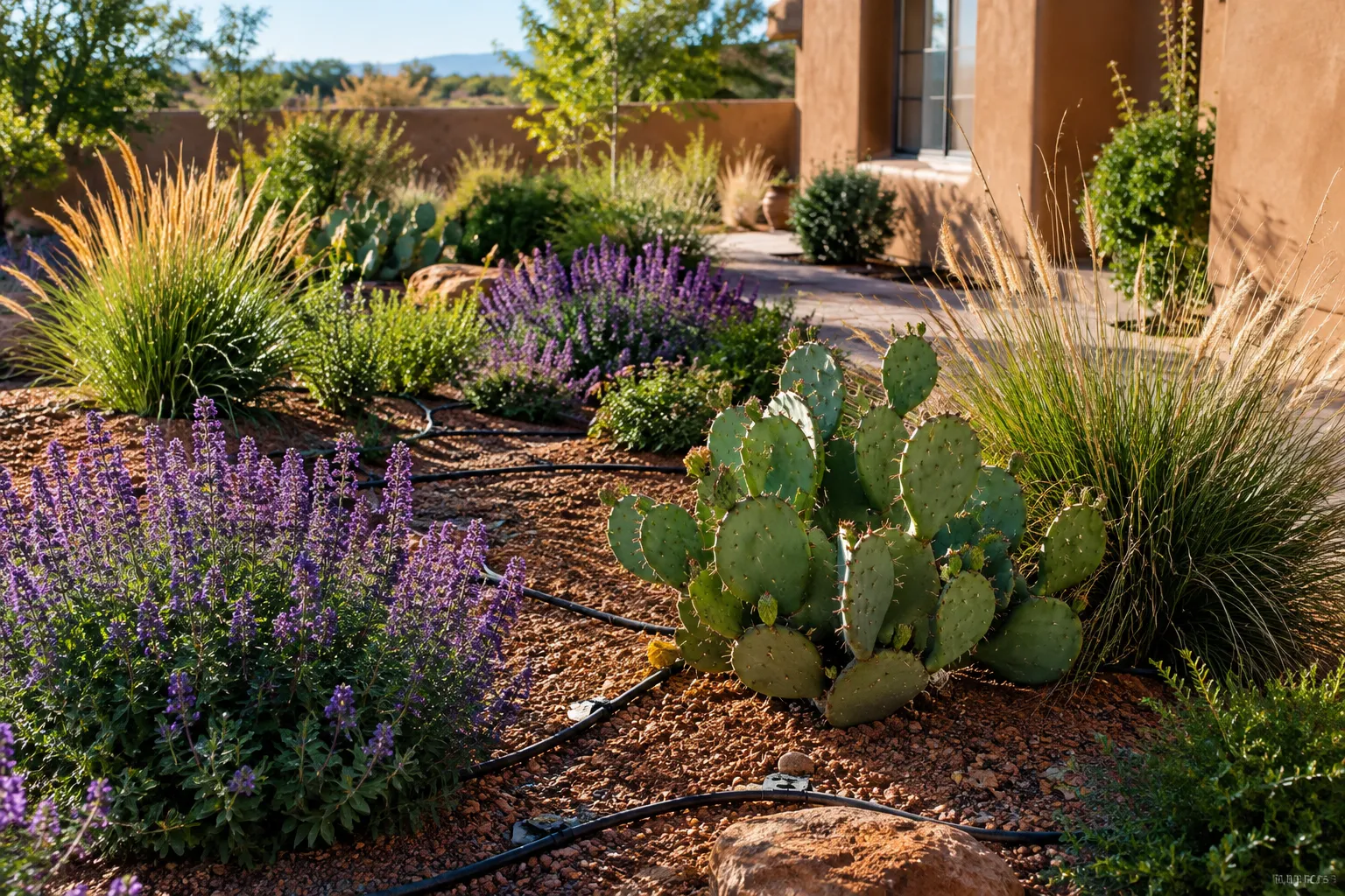 Editorial () cover image, no . Close-up aerial view of a well-maintained Albuquerque residential backyard in bright