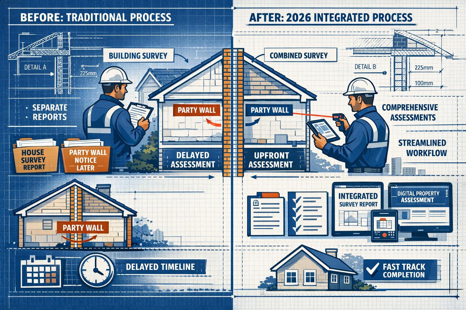 Detailed landscape format (1536x1024) technical illustration depicting party wall survey integration into reformed homebuying process. Split