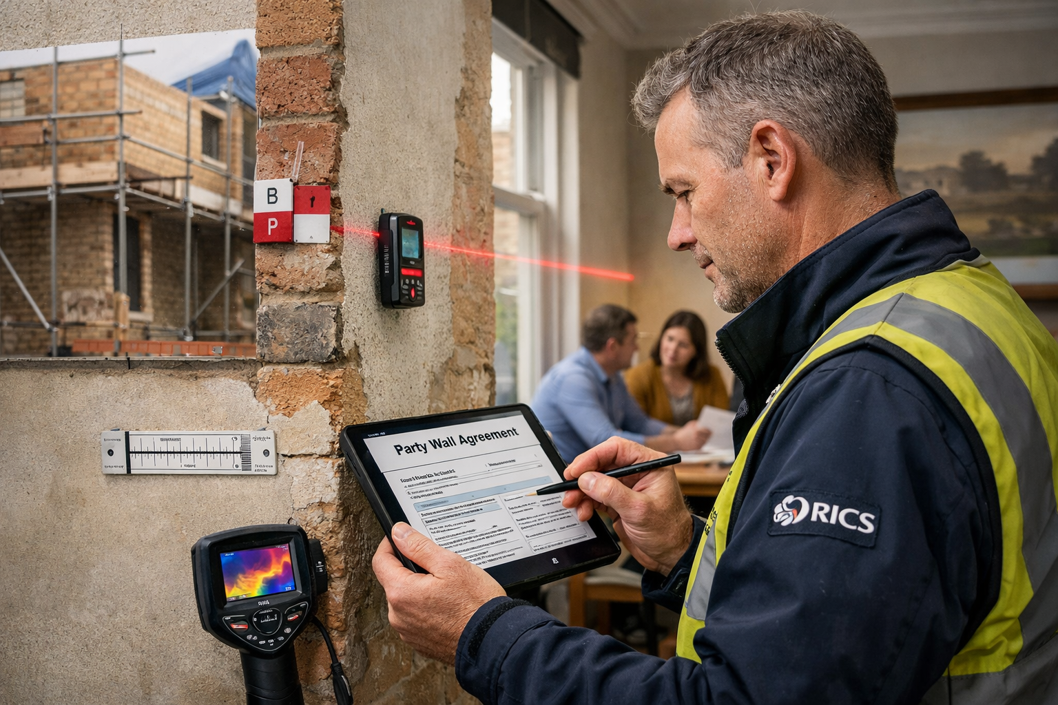 Detailed landscape format (1536x1024) professional photograph-style illustration showing practical party wall surveyor at work in 2026 refor