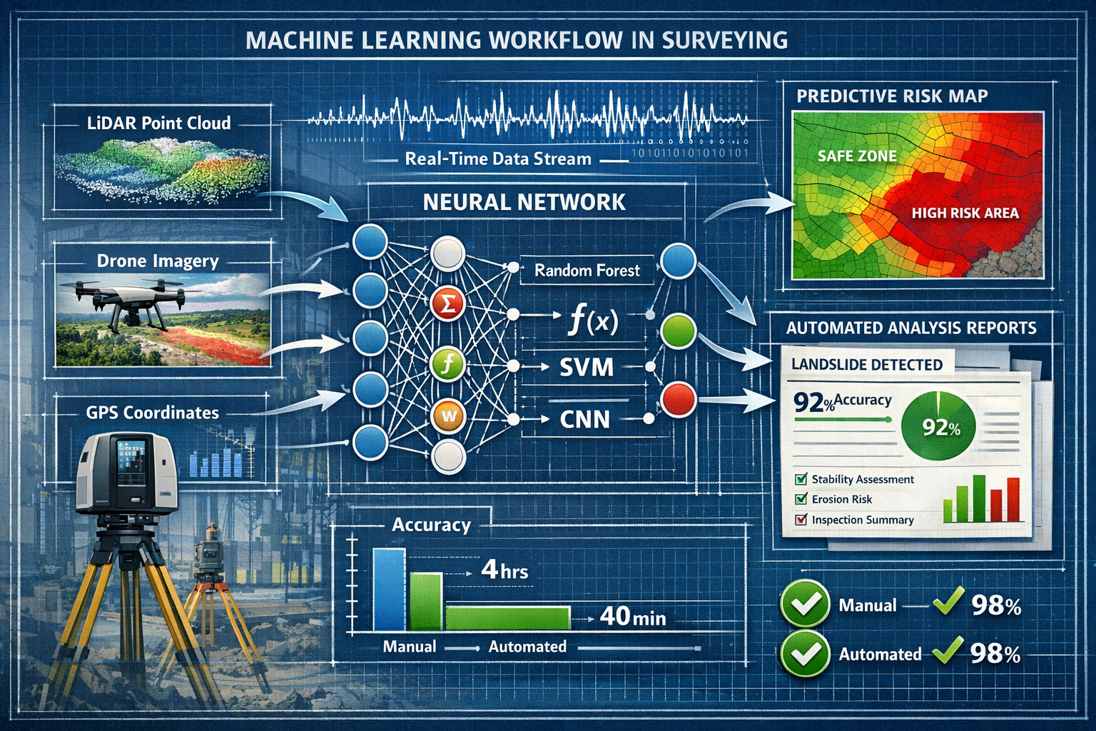Detailed landscape format (1536x1024) technical illustration showing machine learning workflow in surveying context. Central focus on large