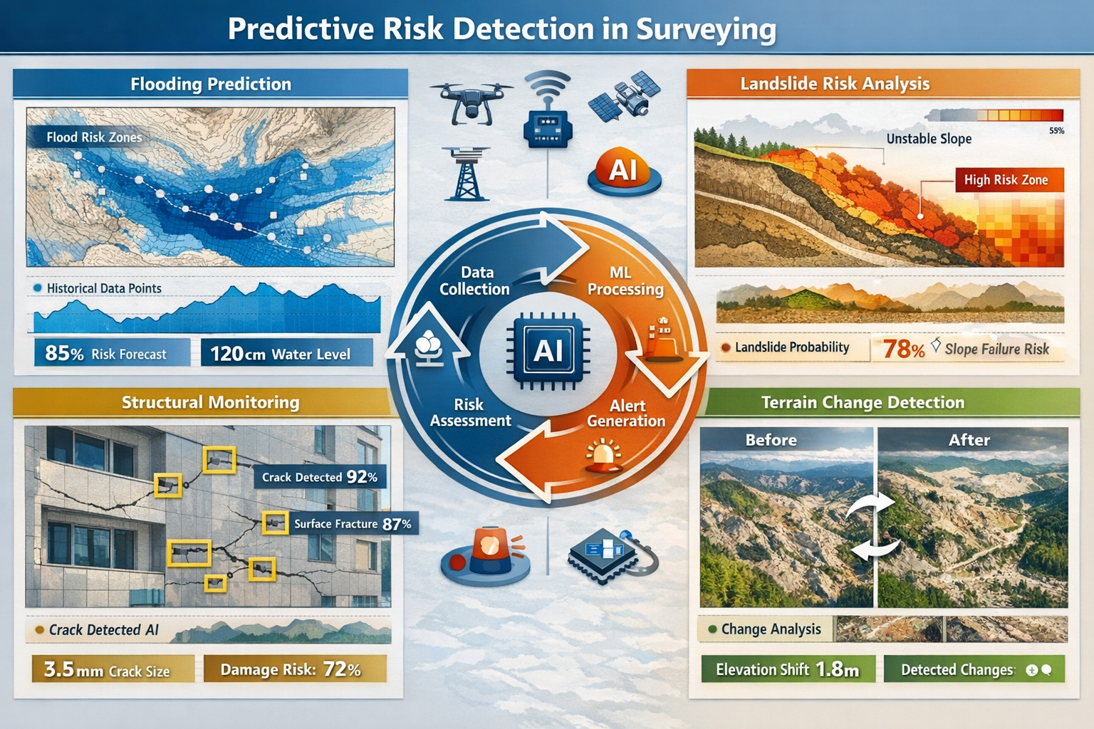Comprehensive landscape format (1536x1024) infographic showcasing predictive risk detection applications in surveying. Split into four quadr
