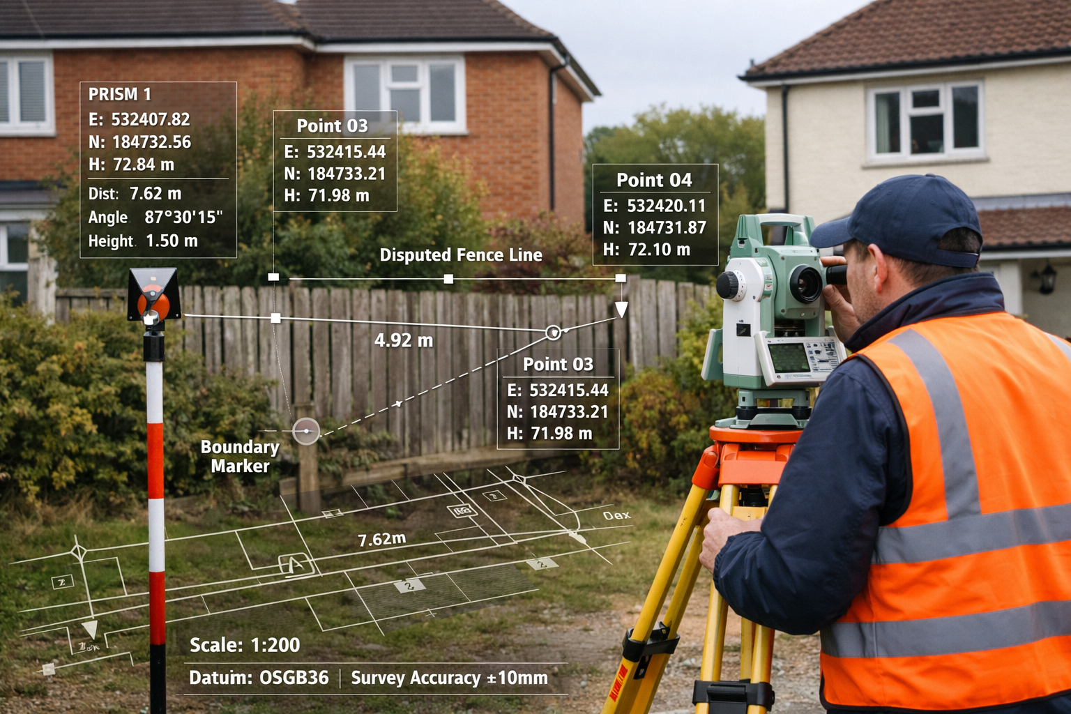 Detailed () image showing professional surveyor in high-visibility vest conducting precise boundary measurement using total