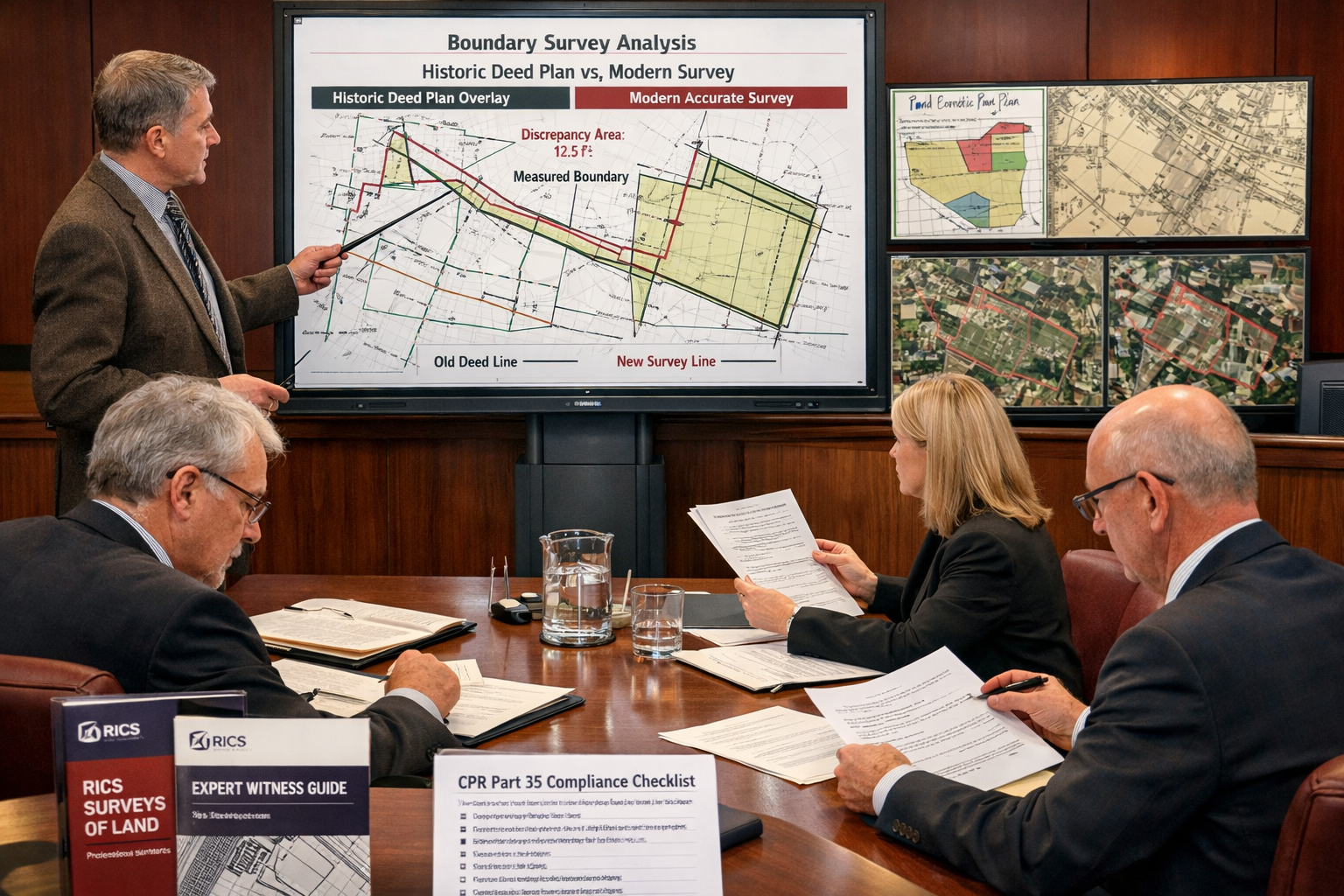 Detailed () image depicting courtroom or mediation room setting with expert witness surveyor presenting technical evidence,