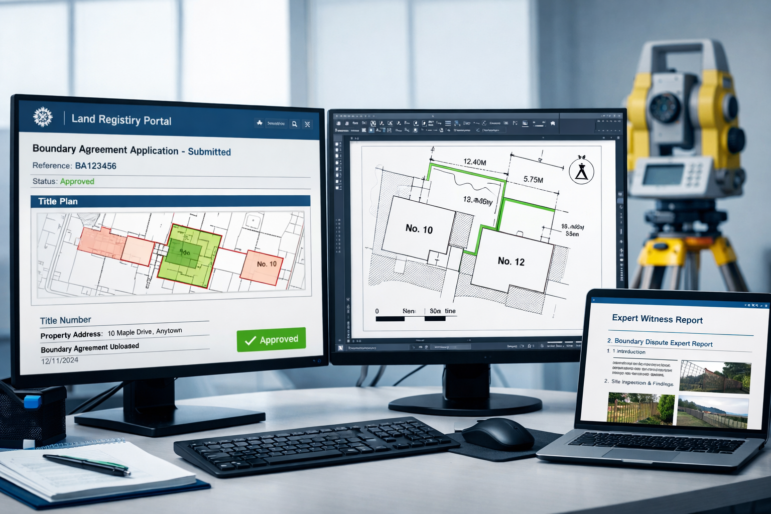 Detailed () image showing close-up of integrated digital workflow for boundary dispute resolution, featuring computer