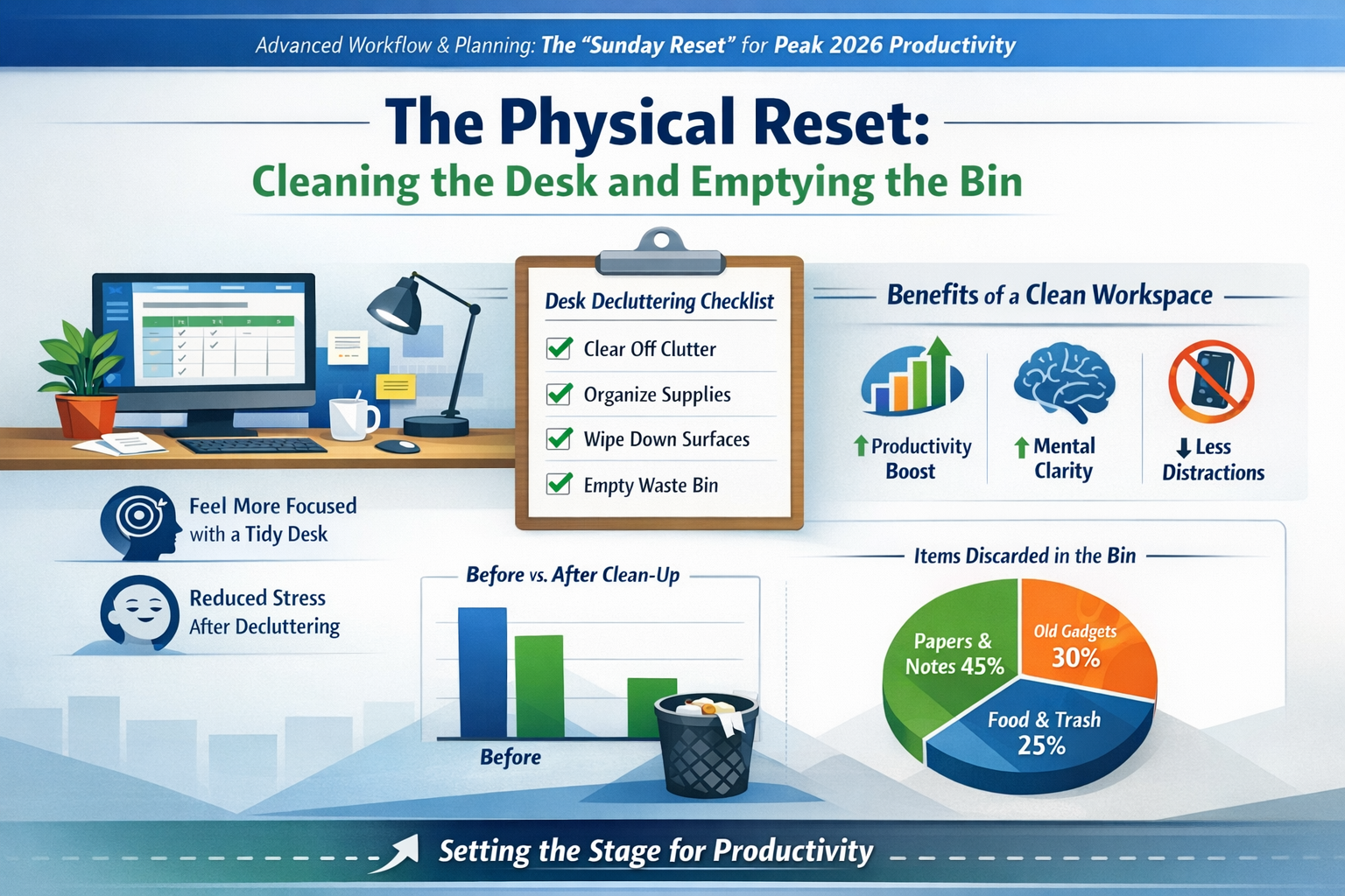 Professional landscape infographic (1536x1024) for article "Advanced Workflow & Planning: The "Sunday Reset" for Peak 2026 Productivity", se