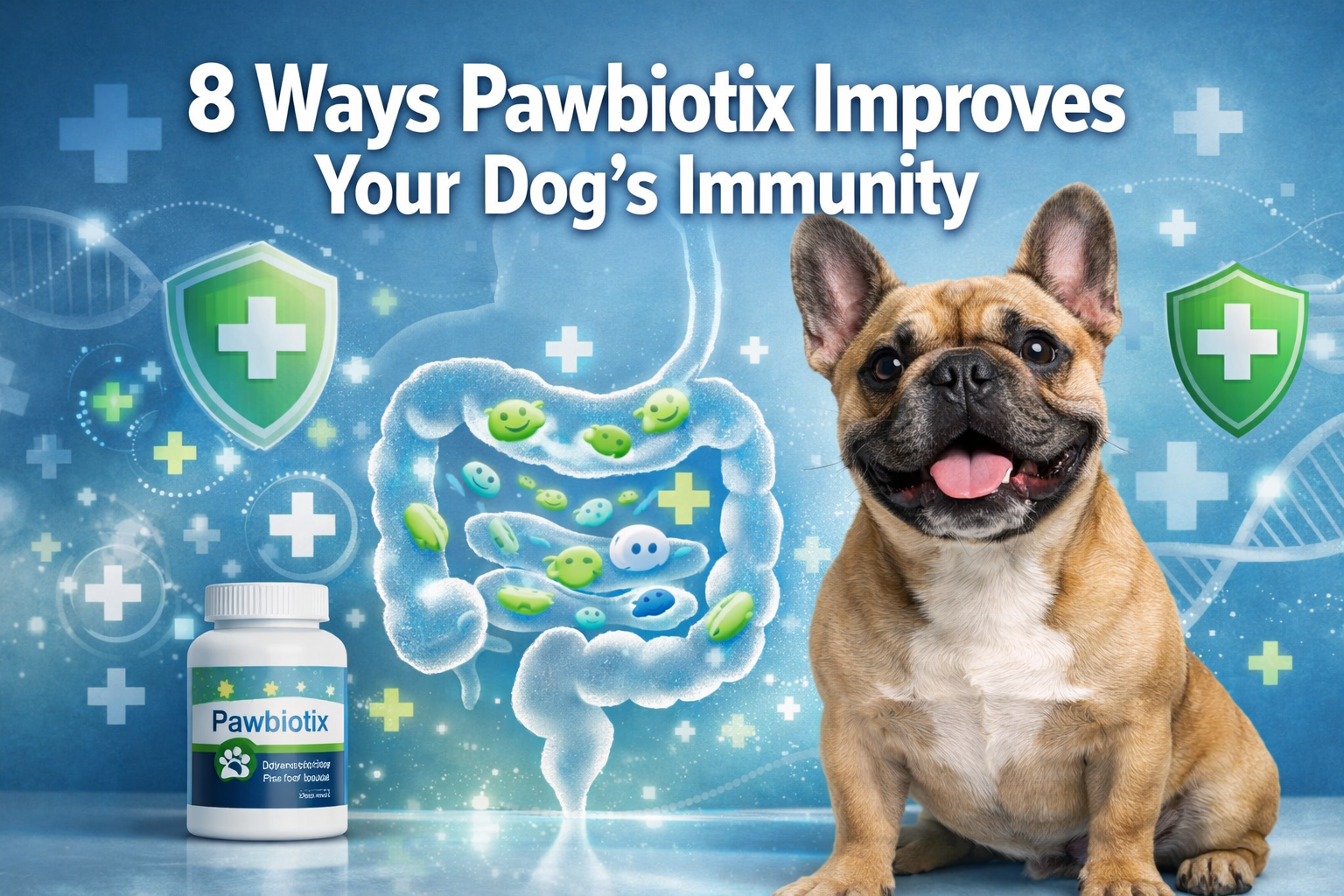 Professional landscape format (1536x1024) hero image featuring bold text overlay '8 Ways Pawbiotix Improves Your Dog's Immunity' in extra la