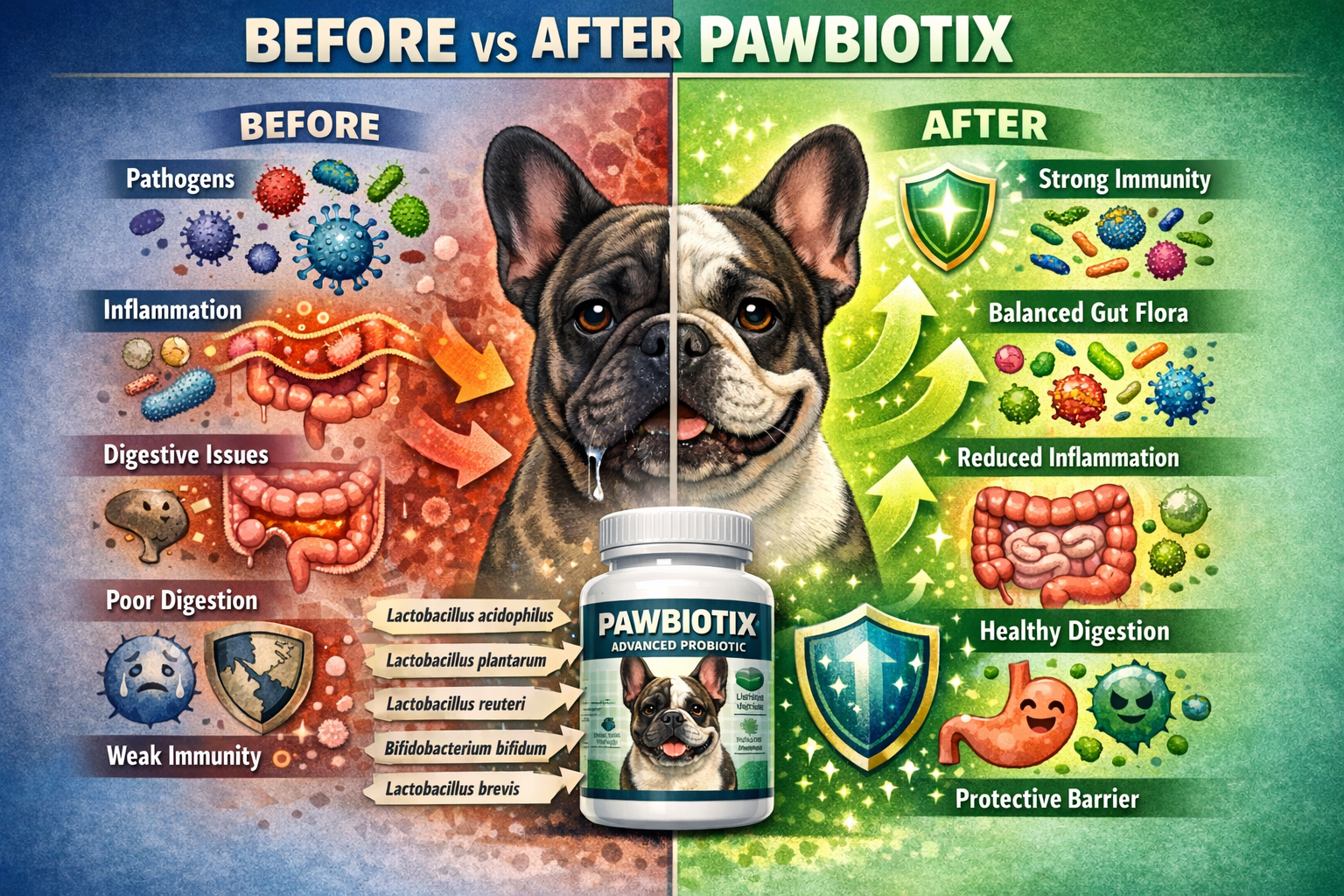 Portrait format (1024x1536) detailed comparison chart showing 'Before vs After Pawbiotix' with split-screen French Bulldog illustration. Lef