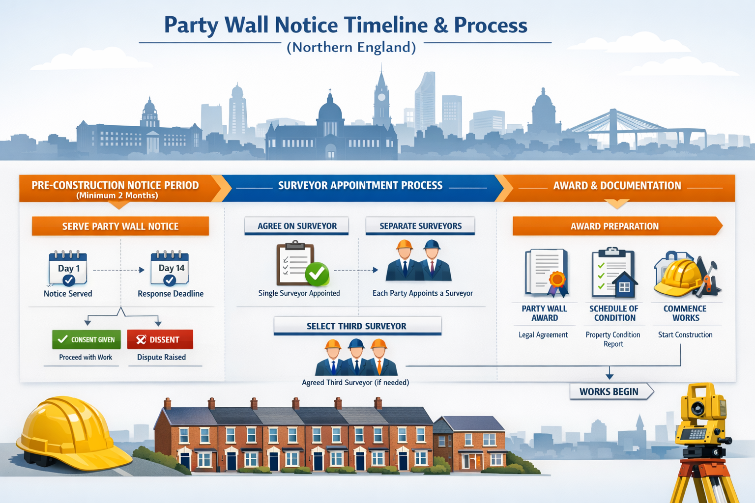 () detailed infographic showing party wall notice timeline and compliance workflow specific to Northern England regions.