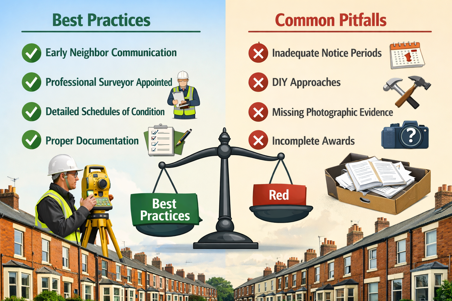 () split-screen composition showing party wall dispute prevention strategies. Left side displays 'Best Practices' with green