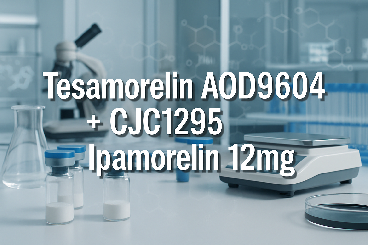 Professional landscape laboratory scene (1536x1024) with bold text overlay 'Tesamorelin AOD9604 + CJC1295 + Ipamorelin 12mg' in 70pt white s