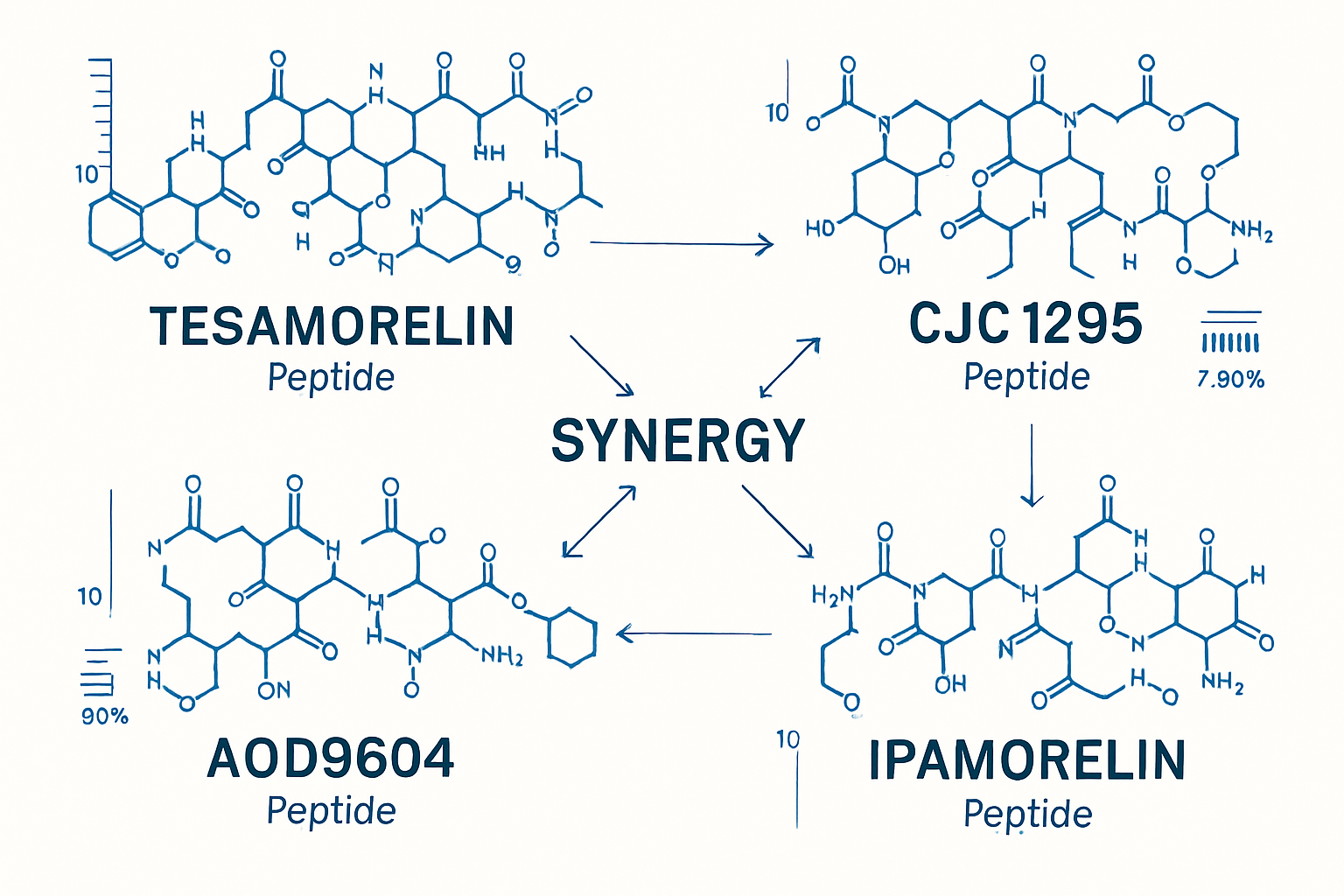 Scientific infographic showing four interconnected peptide molecular structures labeled Tesamorelin, AOD9604, CJC1295, and Ipamorelin with c