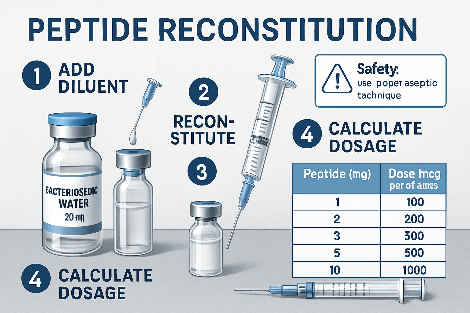 Professional research documentation layout showing peptide reconstitution process with step-by-step visual guide. Glass vials, bacteriostati