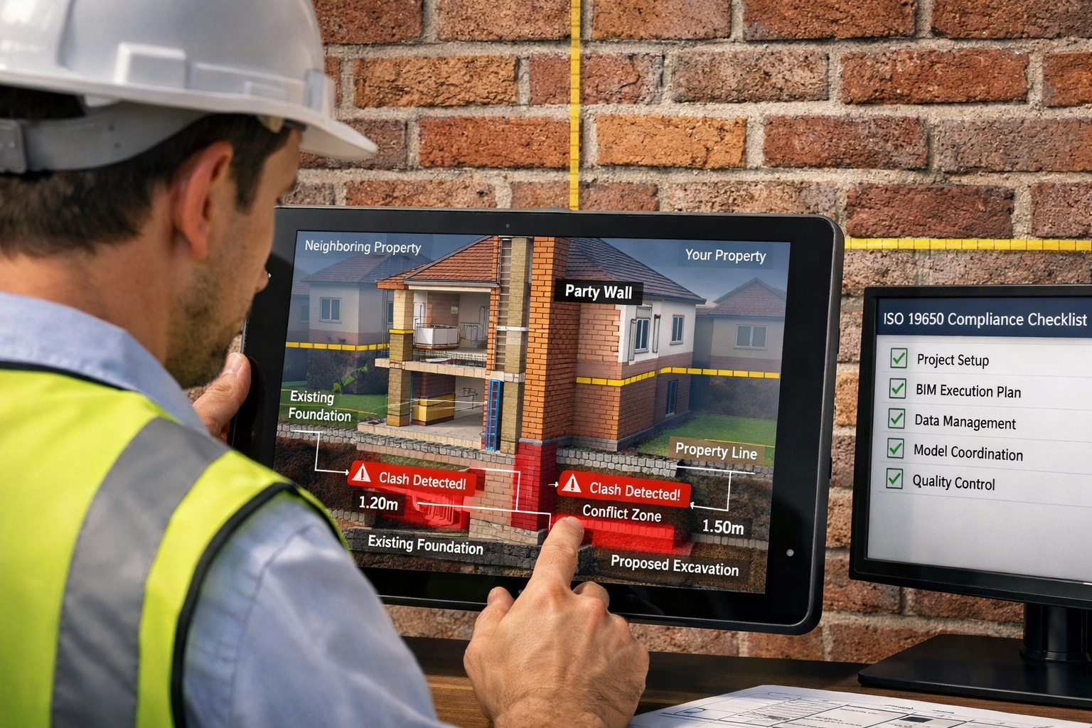 () detailed illustration showing close-up view of surveyor working on tablet device displaying interactive 3D BIM model of