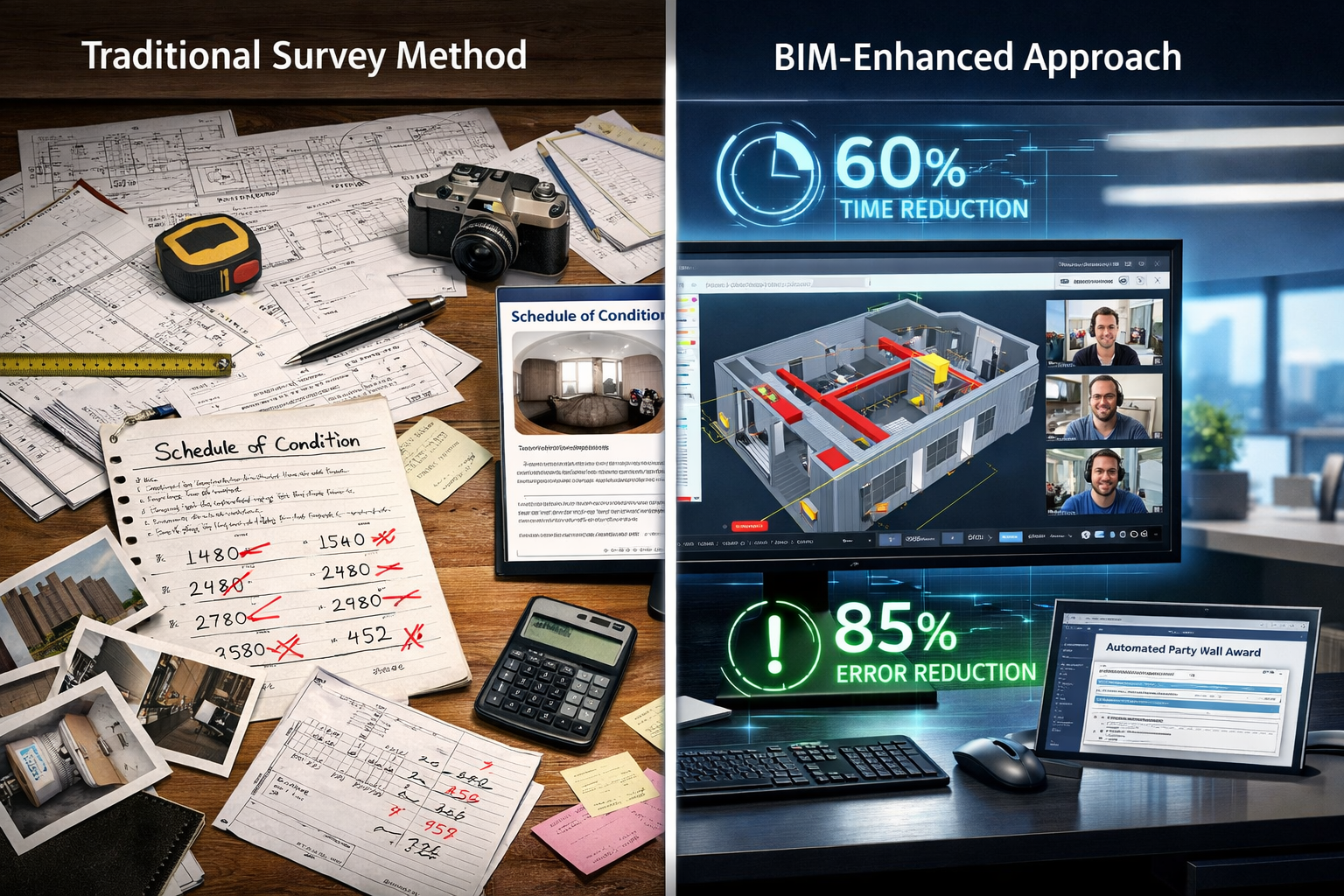 () comparative split-screen visualization showing traditional party wall survey method versus BIM-enhanced approach. Left