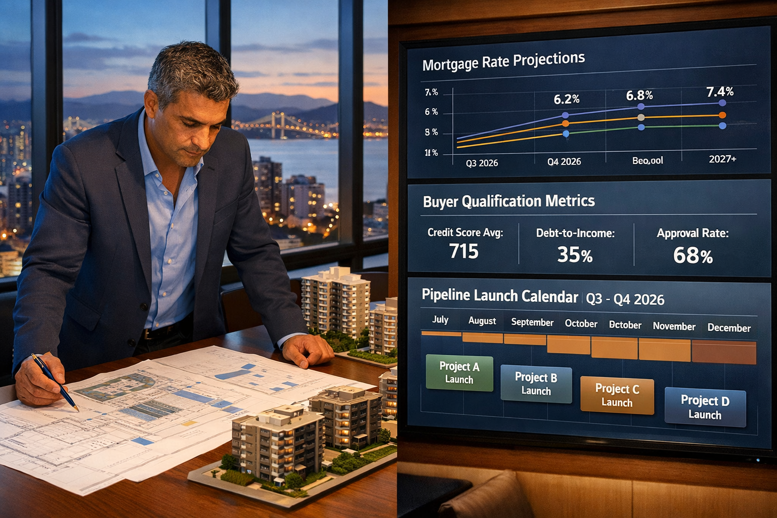 () showing a split-scene composition: left half depicts a Brazilian real estate developer reviewing architectural blueprints