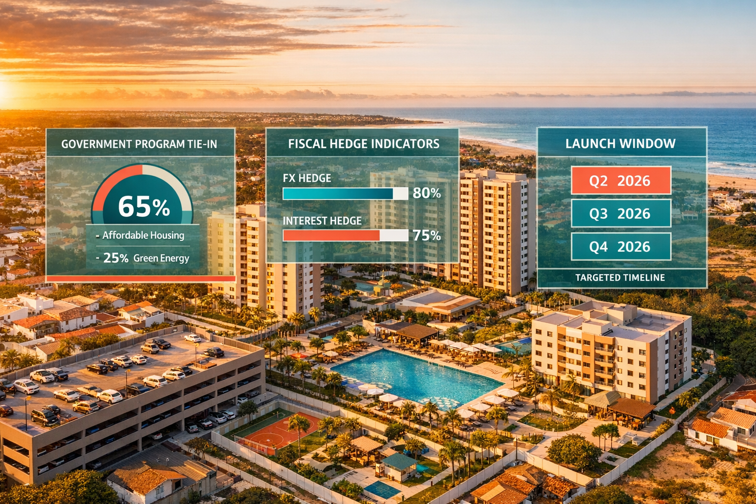 () aerial drone perspective of a completed mid-market residential development in coastal Brazil, showing landscaped amenity