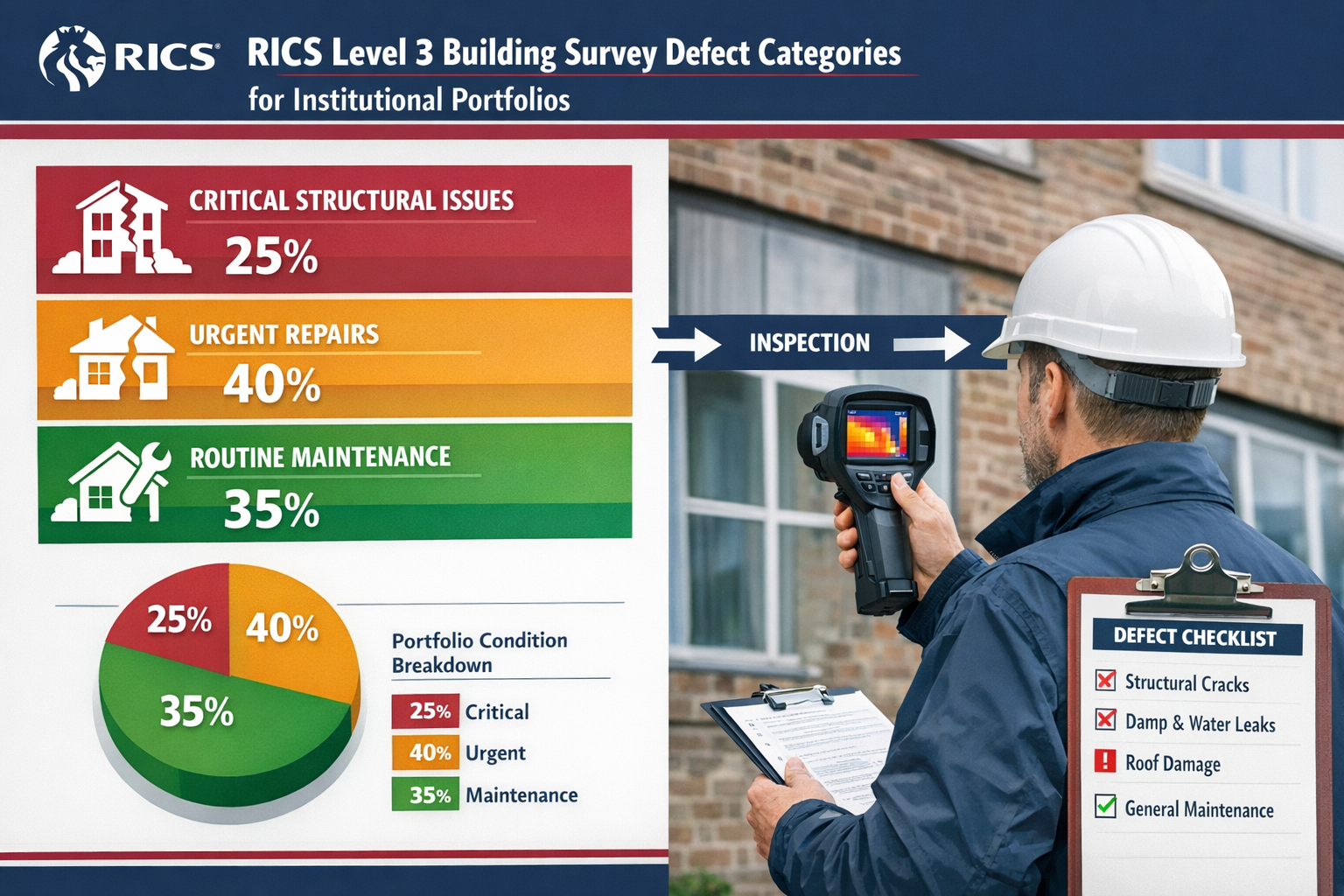 () detailed infographic showing RICS Level 3 Building Survey defect categorization system for institutional portfolios.