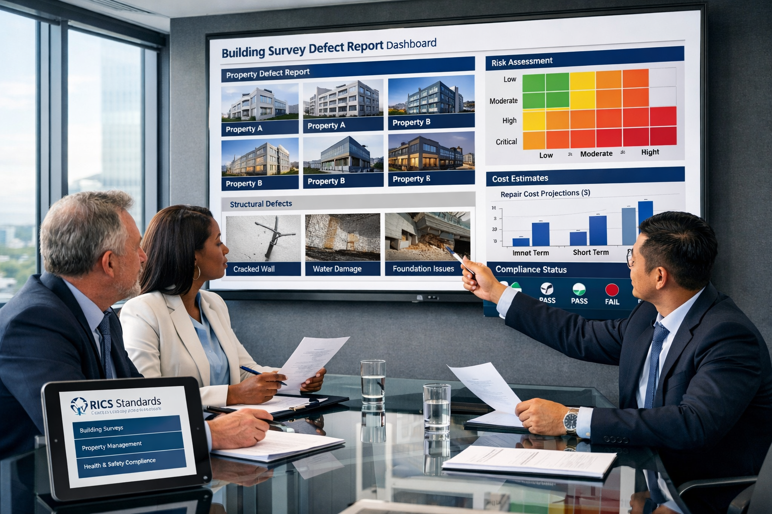 () professional scene showing institutional landlord due diligence meeting in modern boardroom. Large wall-mounted screen