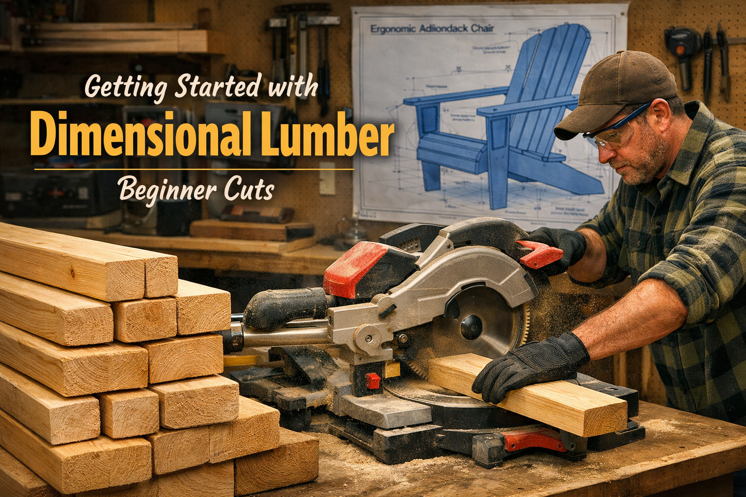 Landscape format (1536x1024) editorial image featuring a woodworking workshop scene with various dimensional lumber pieces (e.g., 2x4s, 2x6s