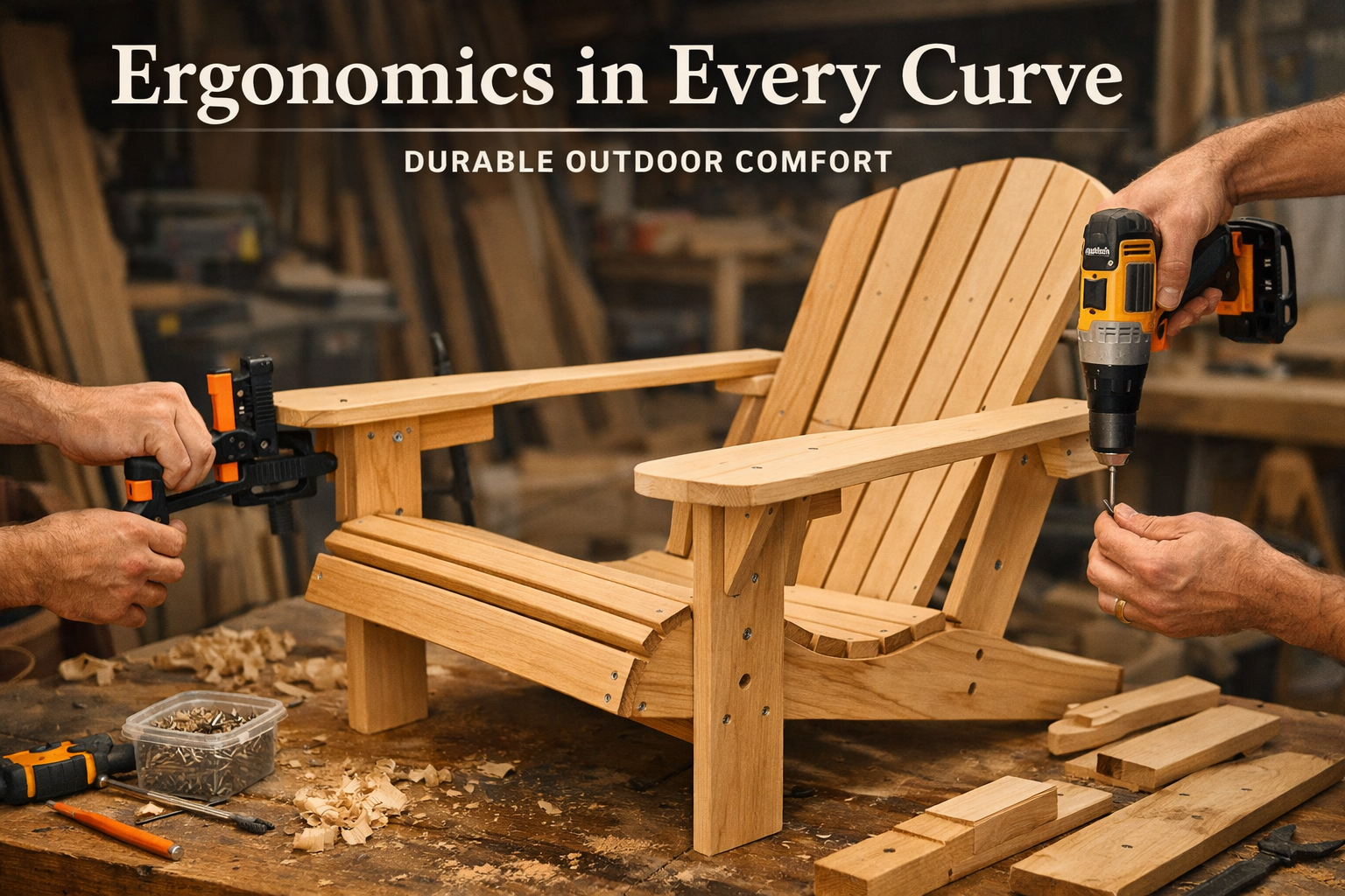 Landscape format (1536x1024) editorial image depicting the assembly process of an ergonomic Adirondack chair. A partially assembled chair cl