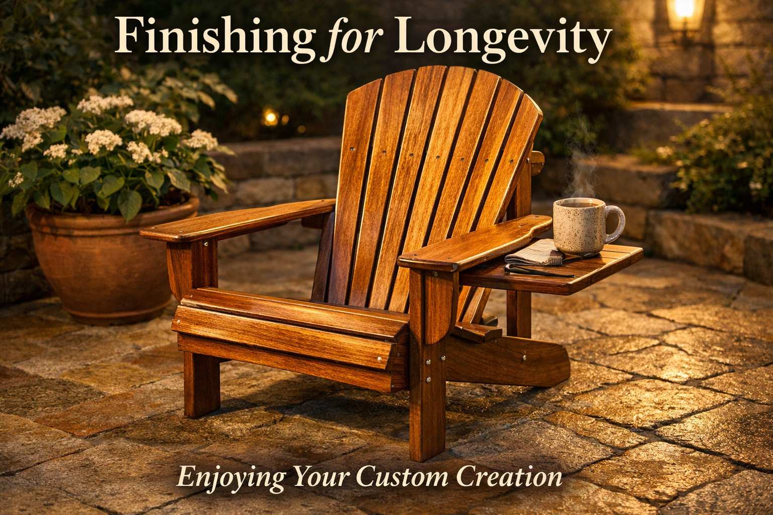 Landscape format (1536x1024) editorial image showcasing a completed, beautifully finished Adirondack chair sitting on a warm, textured patio