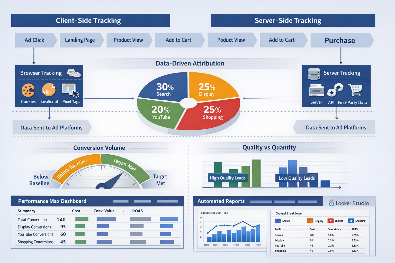 Comprehensive conversion tracking workflow visualization in landscape format (1536x1024) featuring side-by-side comparison of client-side ve