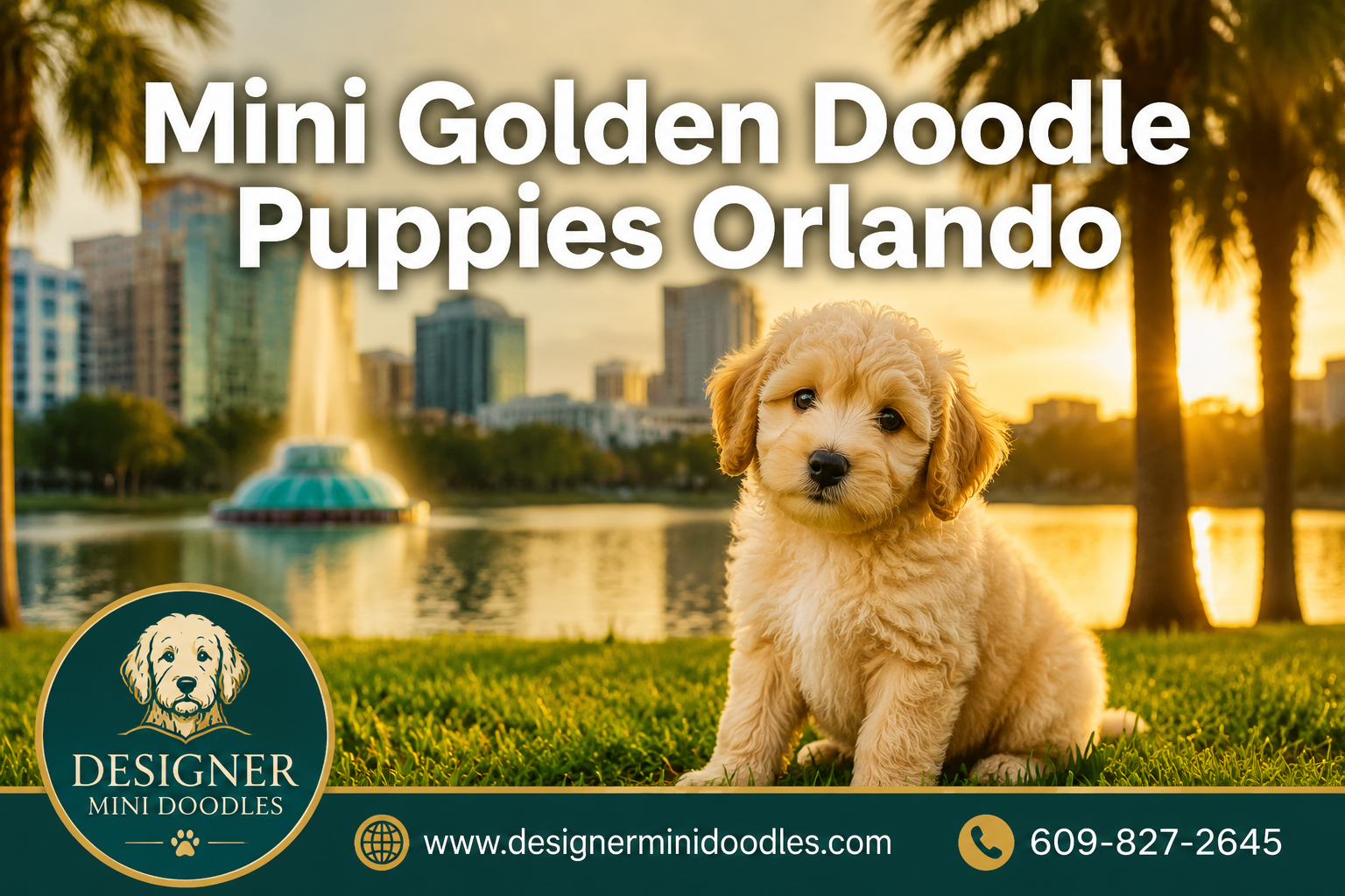 Professional () hero image featuring 'Mini Golden Doodle Puppies Orlando' in extra large white with dark drop , centered in