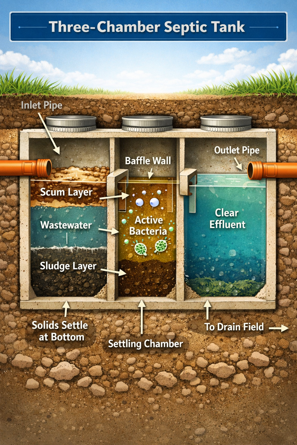Portrait format (1024x1536) detailed cutaway illustration of a three-chamber septic tank showing waste separation layers, inlet and outlet p