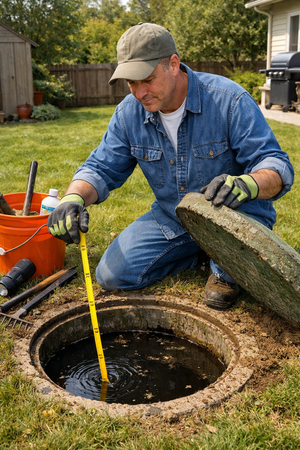 Portrait format (1024x1536) homeowner performing septic maintenance tasks, checking tank access cover, measuring sludge levels with dipstick