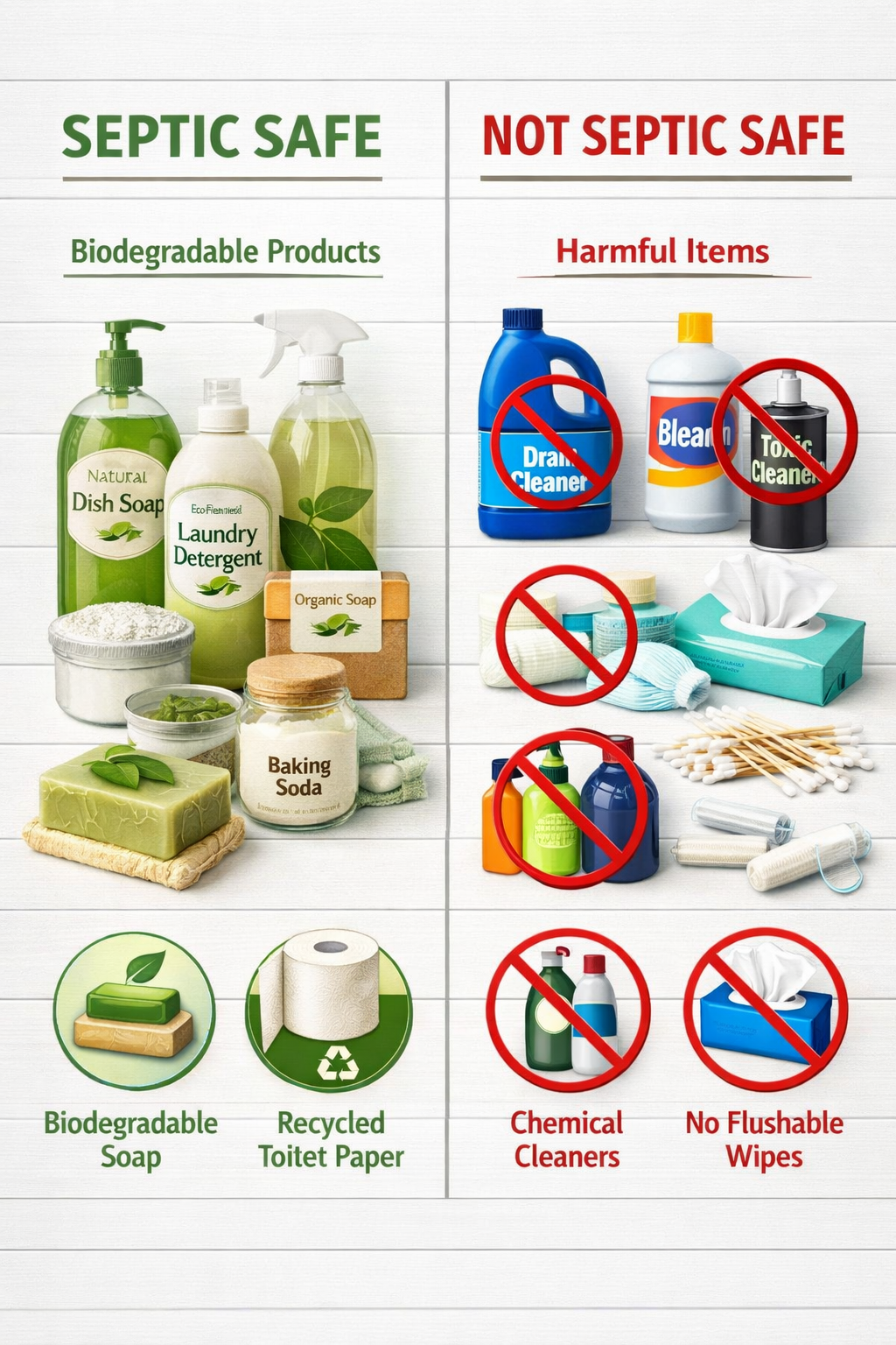 Portrait format (1024x1536) comparison visual showing septic-safe household products versus harmful items, biodegradable soaps and cleaners 