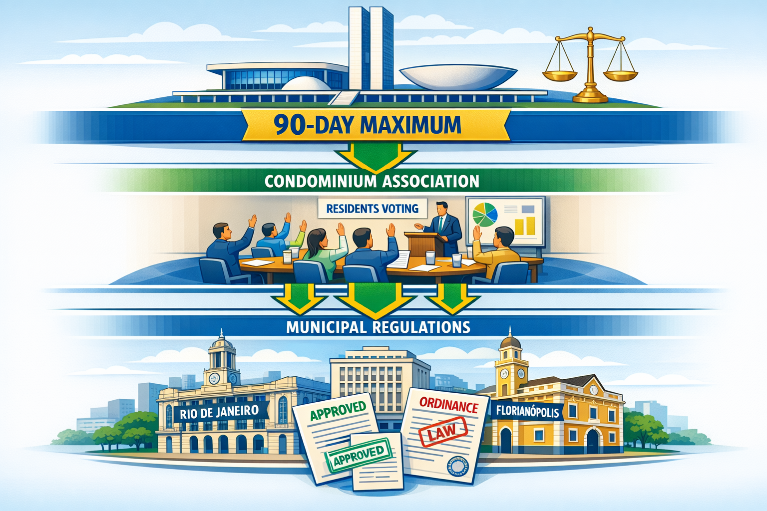 Detailed () image showing three-layered legal framework visualization with Brazilian flag colors. Top layer displays federal