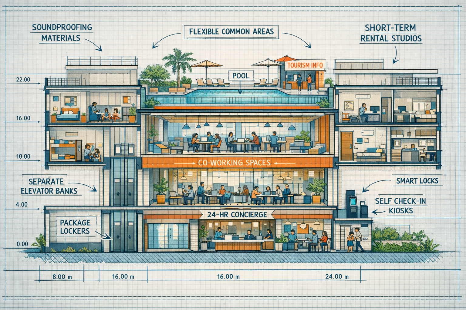 Detailed () architectural cross-section rendering of modern Brazilian condominium building showing dual-purpose design