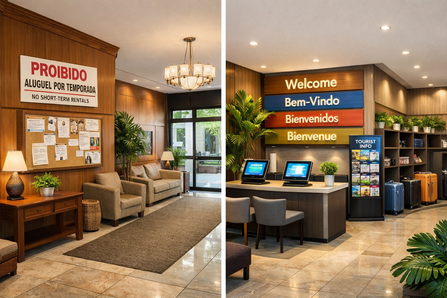 Detailed () split-screen comparison showing two condominium lobbies in Brazilian cities. Left scene depicts restrictive