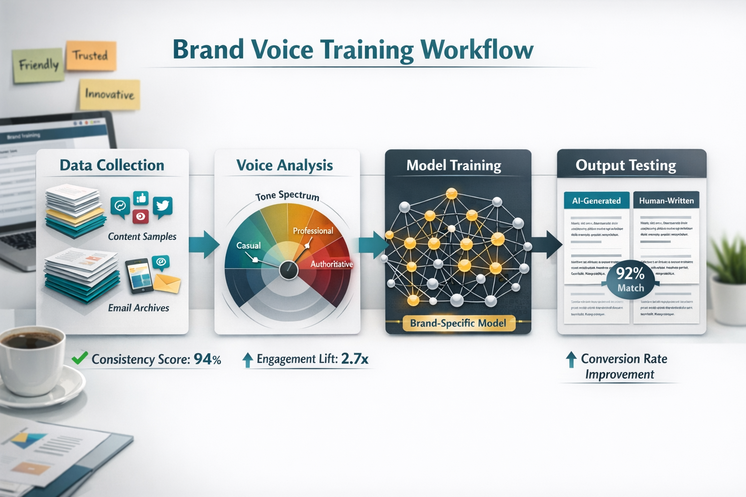 Detailed () image showing step-by-step brand voice training workflow visualization. Central focus on large interactive