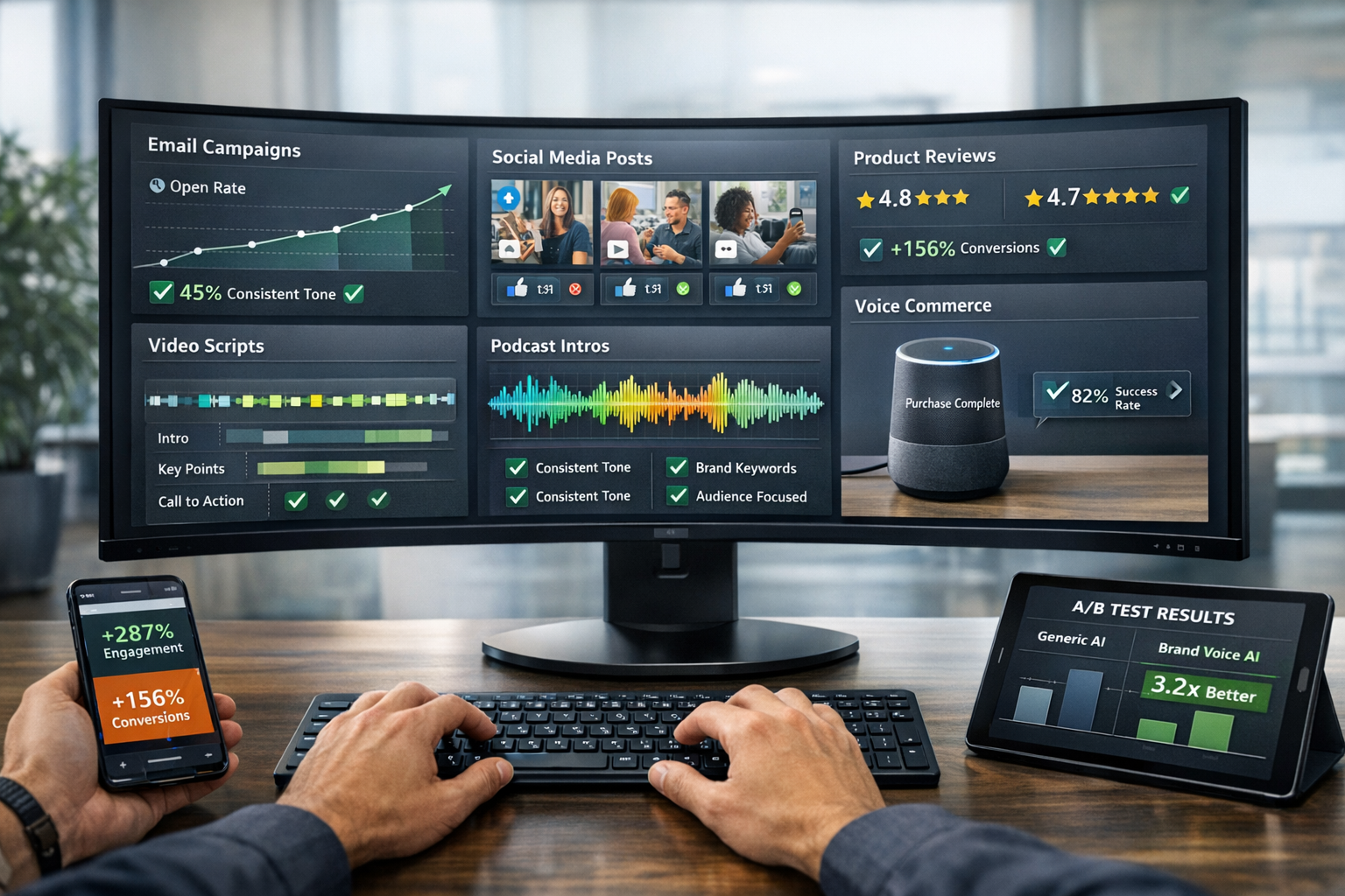 Detailed () image depicting real-world implementation dashboard for brand voice AI across multiple marketing channels. Main