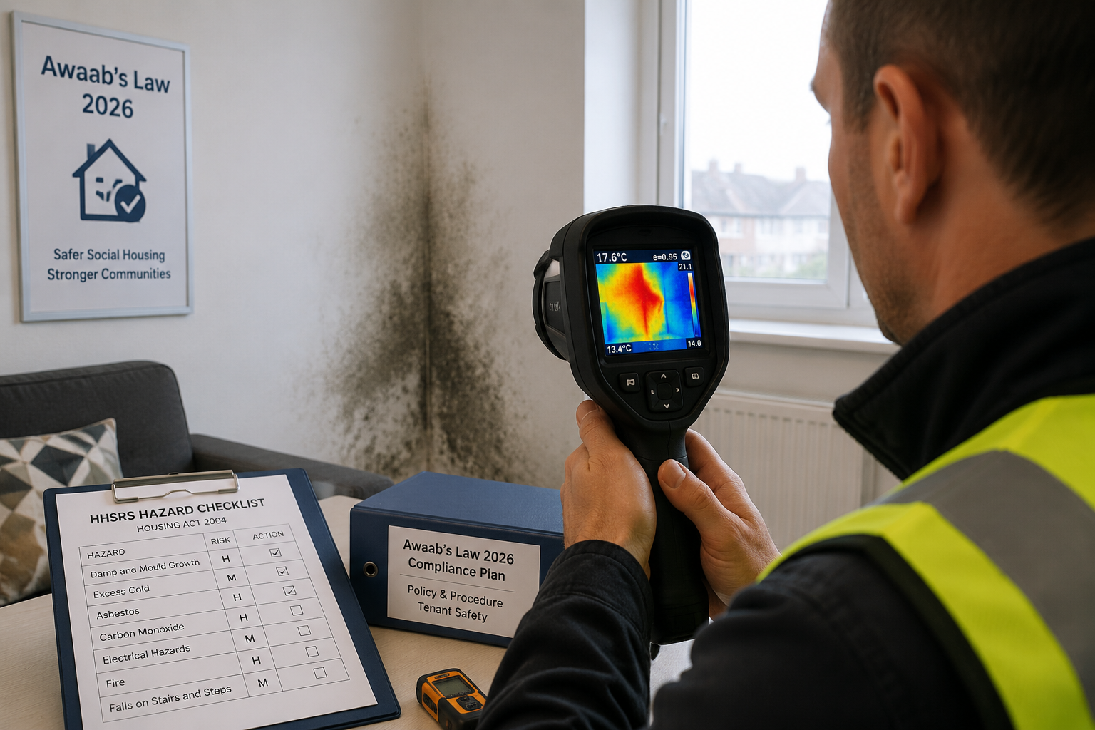 Wide-angle editorial photograph of a professional building surveyor using a thermal imaging camera aimed at an interior wall