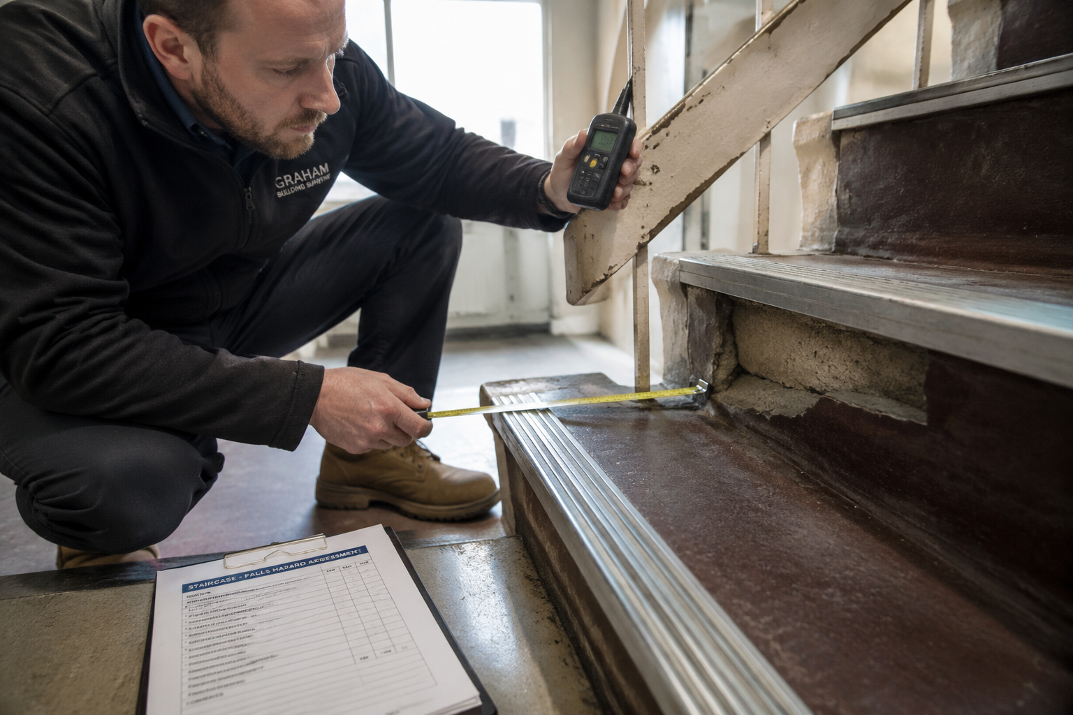 Close-up editorial photograph of a building surveyor crouching to inspect a staircase in a social housing property,