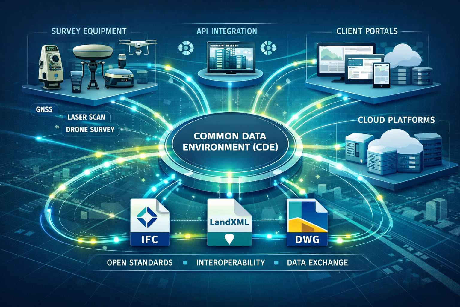 Detailed landscape format (1536x1024) illustration showing interconnected survey platforms and software ecosystems with visual data flow dia