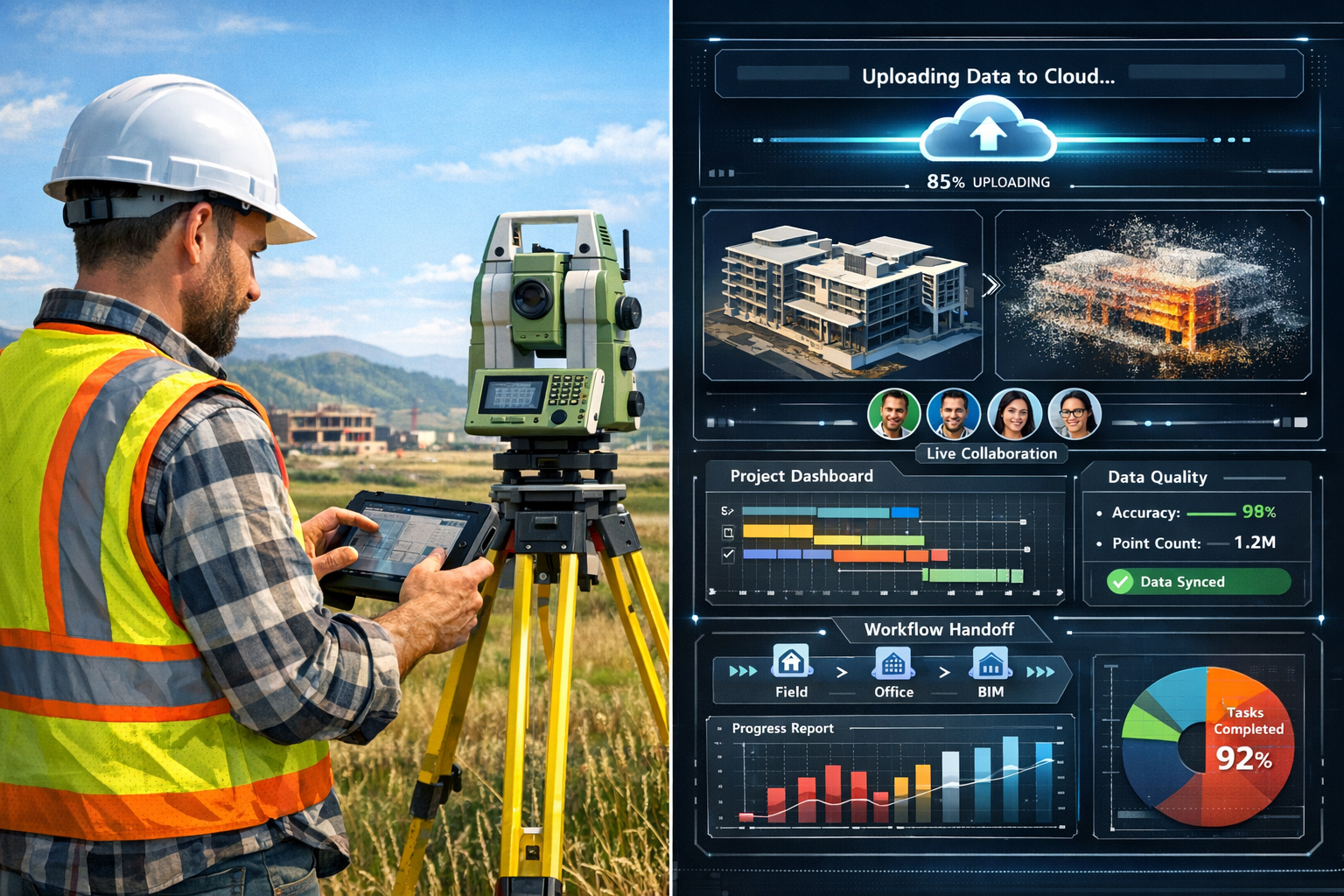 Detailed landscape format (1536x1024) visualization of surveyor working in field with modern total station and tablet device, split-screen c