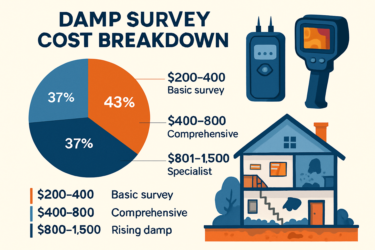 Detailed infographic showing damp survey cost breakdown with pie chart displaying percentages for different survey types (£200-400 basic, £4