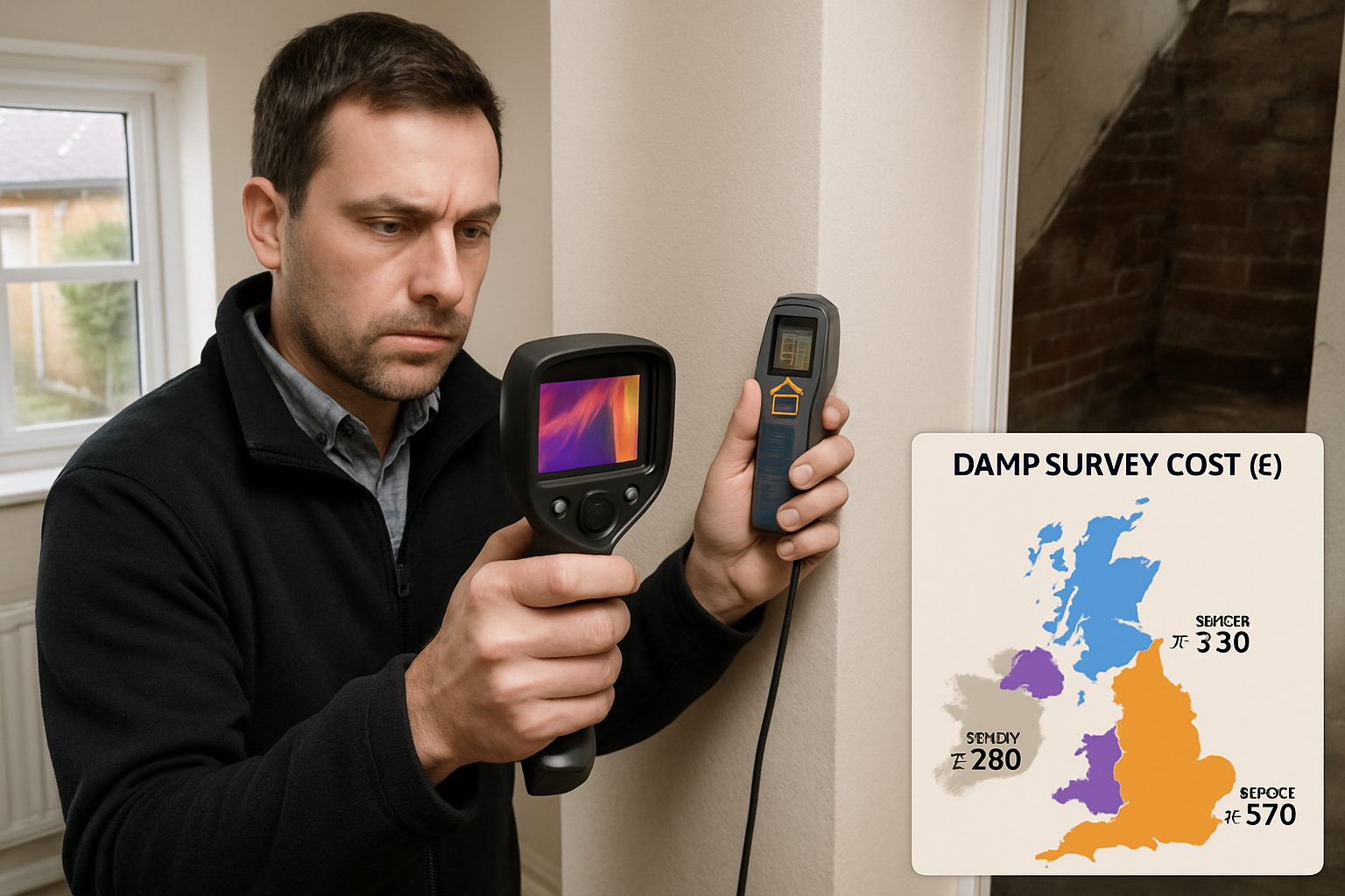 Professional surveyor conducting damp assessment in residential property, using thermal imaging camera and moisture detection equipment, det