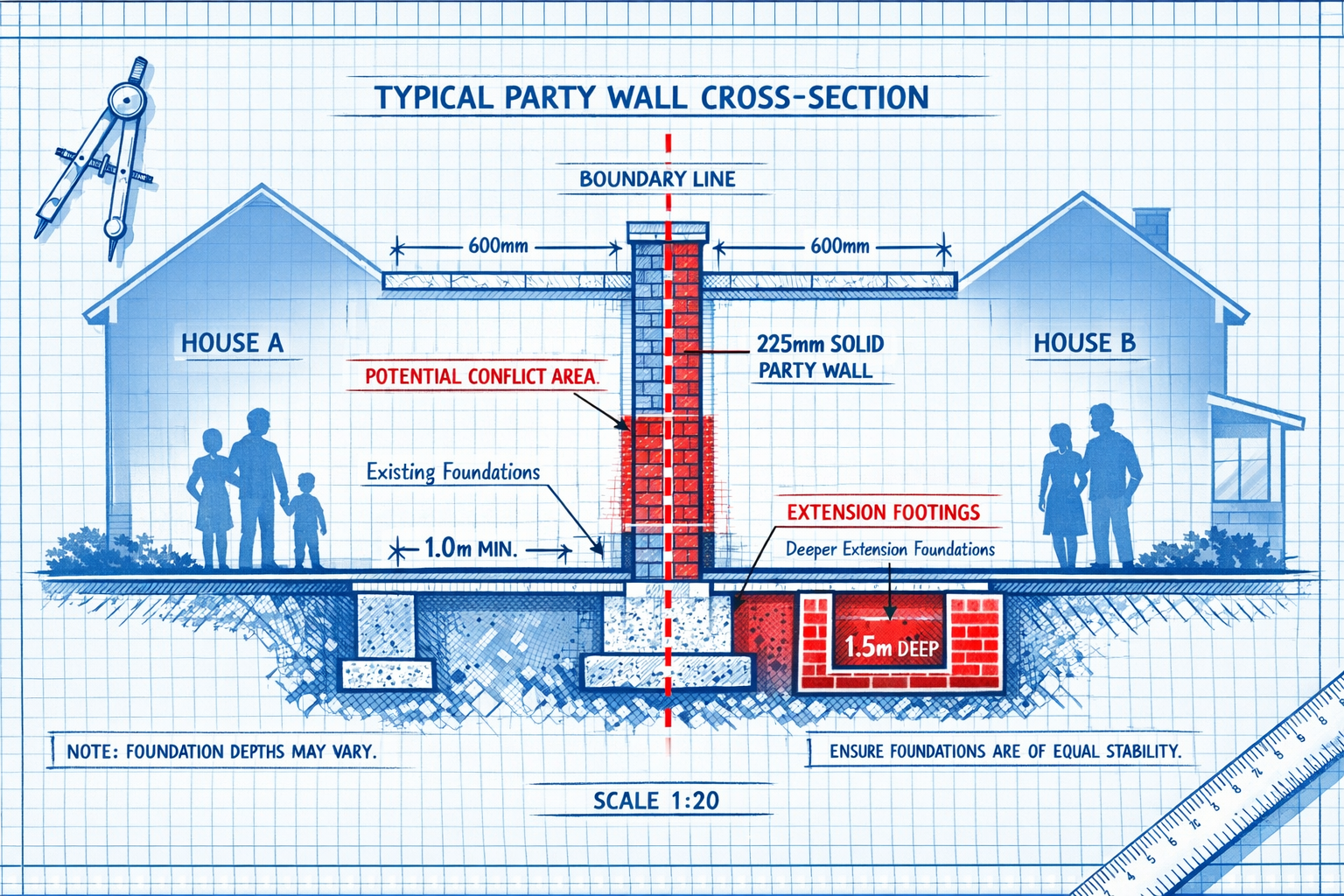 Detailed () image showing close-up cross-section diagram of a typical UK party wall between two semi-detached properties,