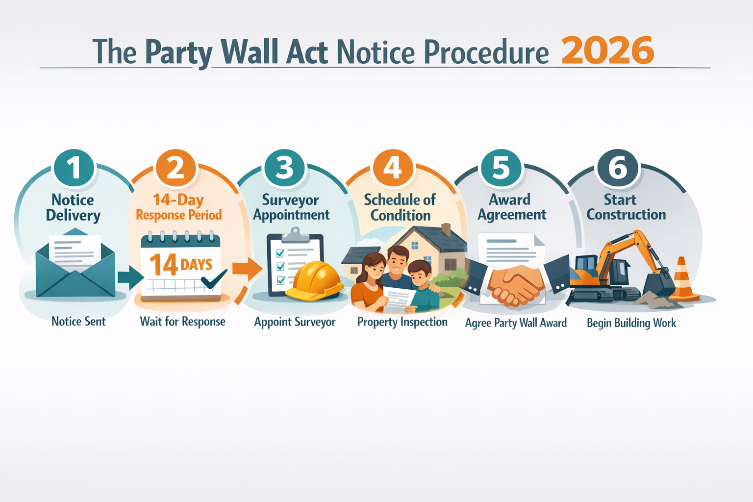 () infographic-style image displaying a step-by-step visual flowchart of the Party Wall Act notice procedure for 2026,