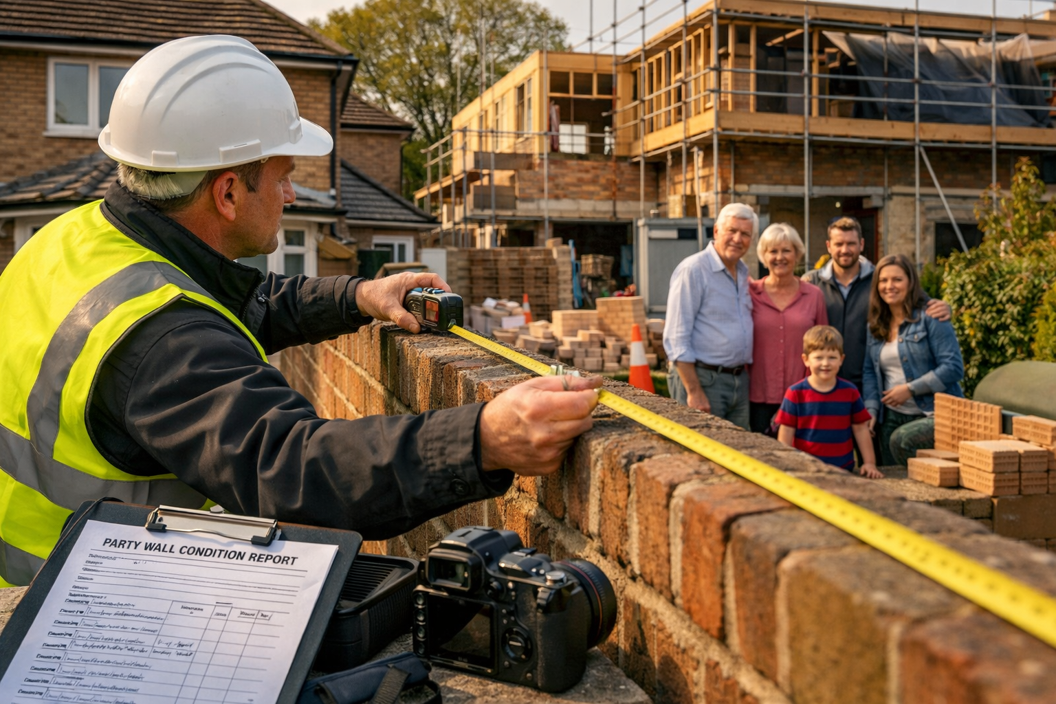 () photograph-style image of a professional party wall surveyor conducting a boundary inspection at a UK suburban property,