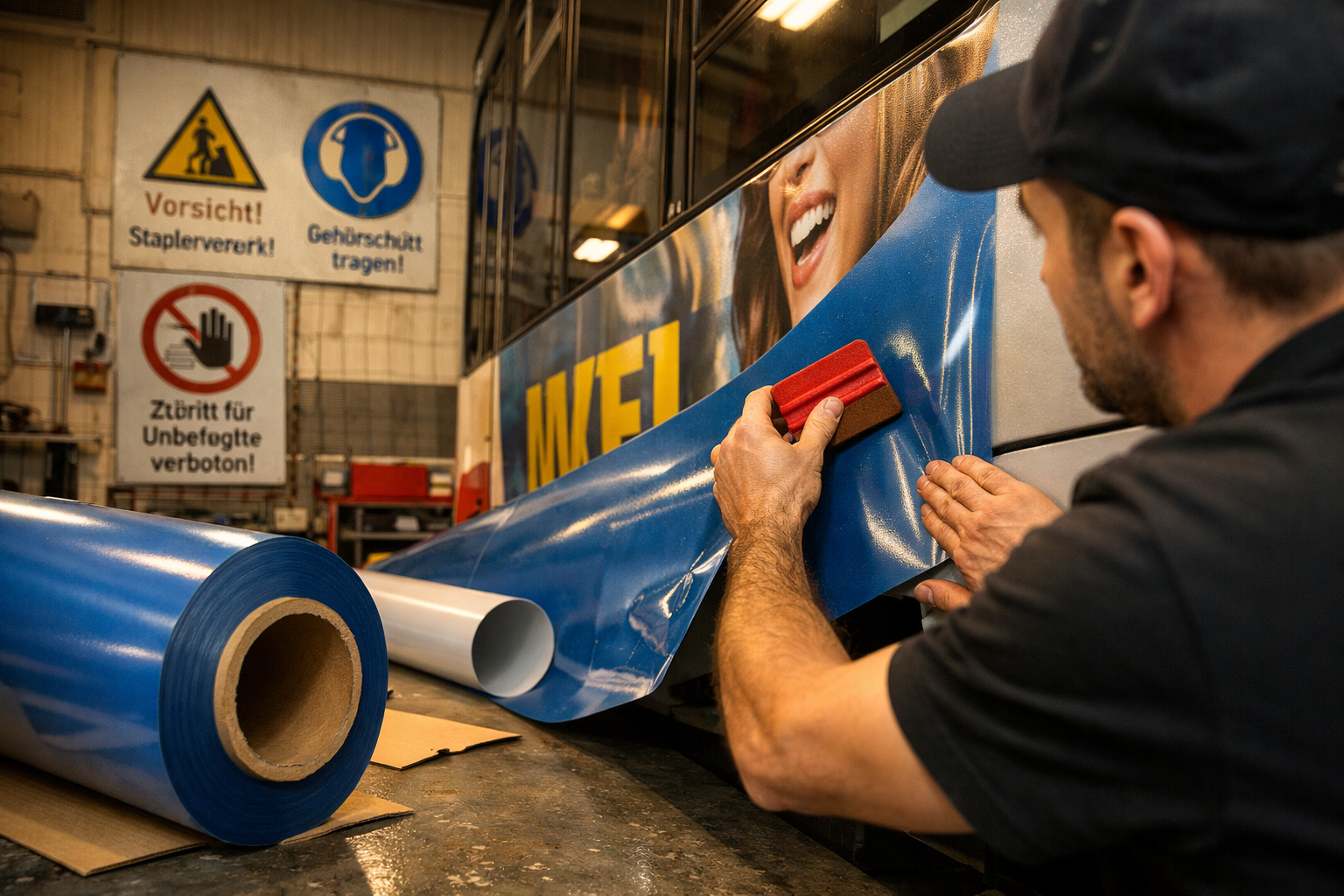() scene showing a professional Werbetechniker applying large-format vinyl advertising foil to the side panel of a city bus